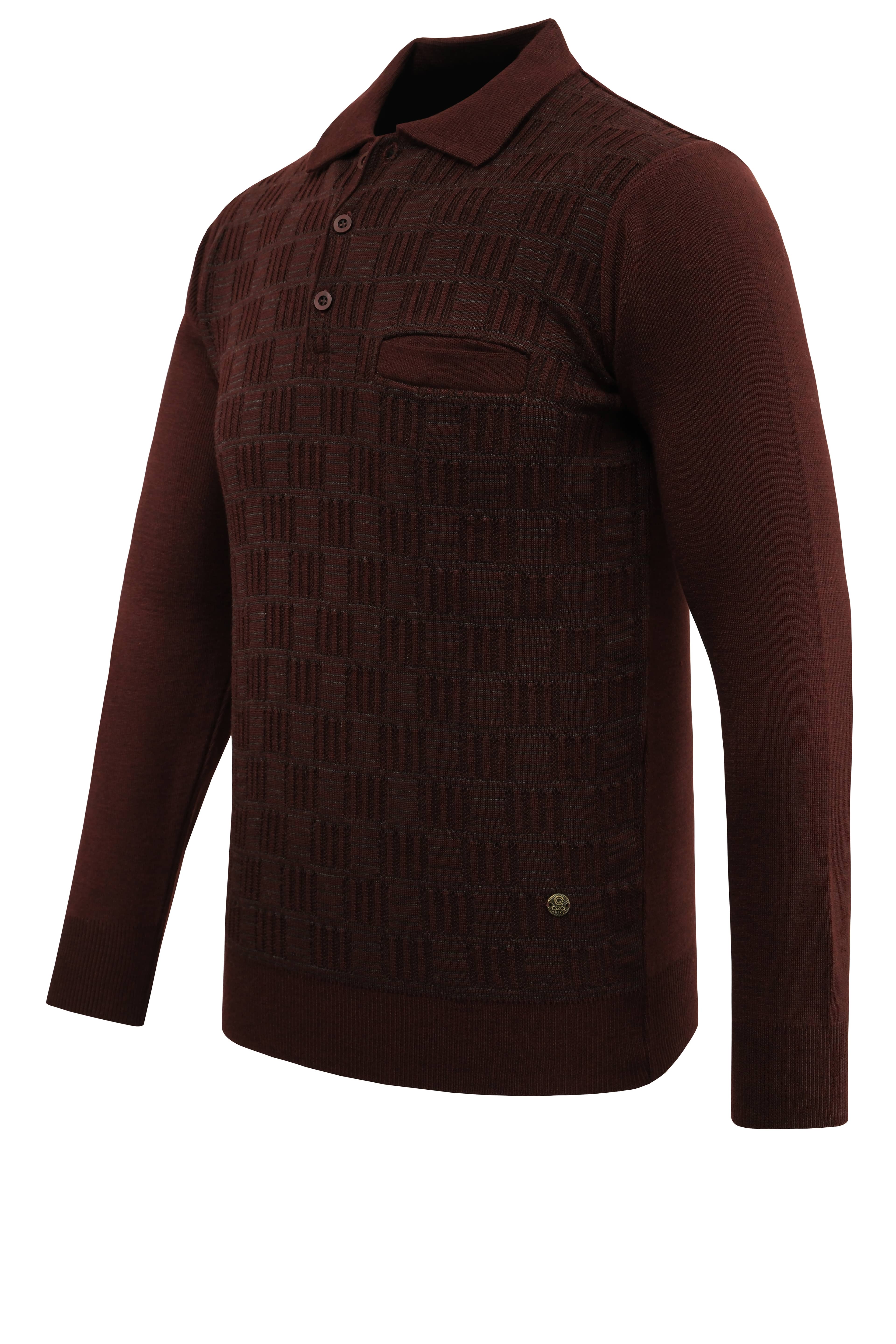 Erkek Polo Yaka Kazak Cepli Kabarmalı Çelik Örgü Klasik Kalıp - 5215F - BORDO