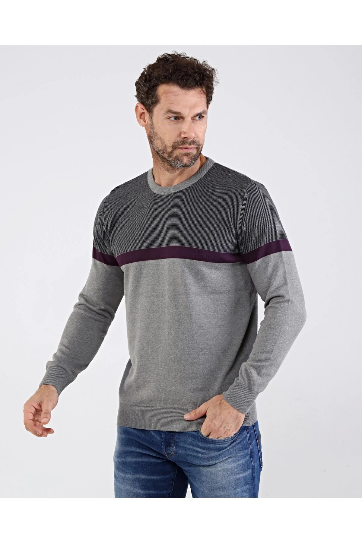 Erkek Sıfır Yaka Pamuklu Triko Gri Kazak Desenli Kol Ve Bel Lastikli Regular Kalıp