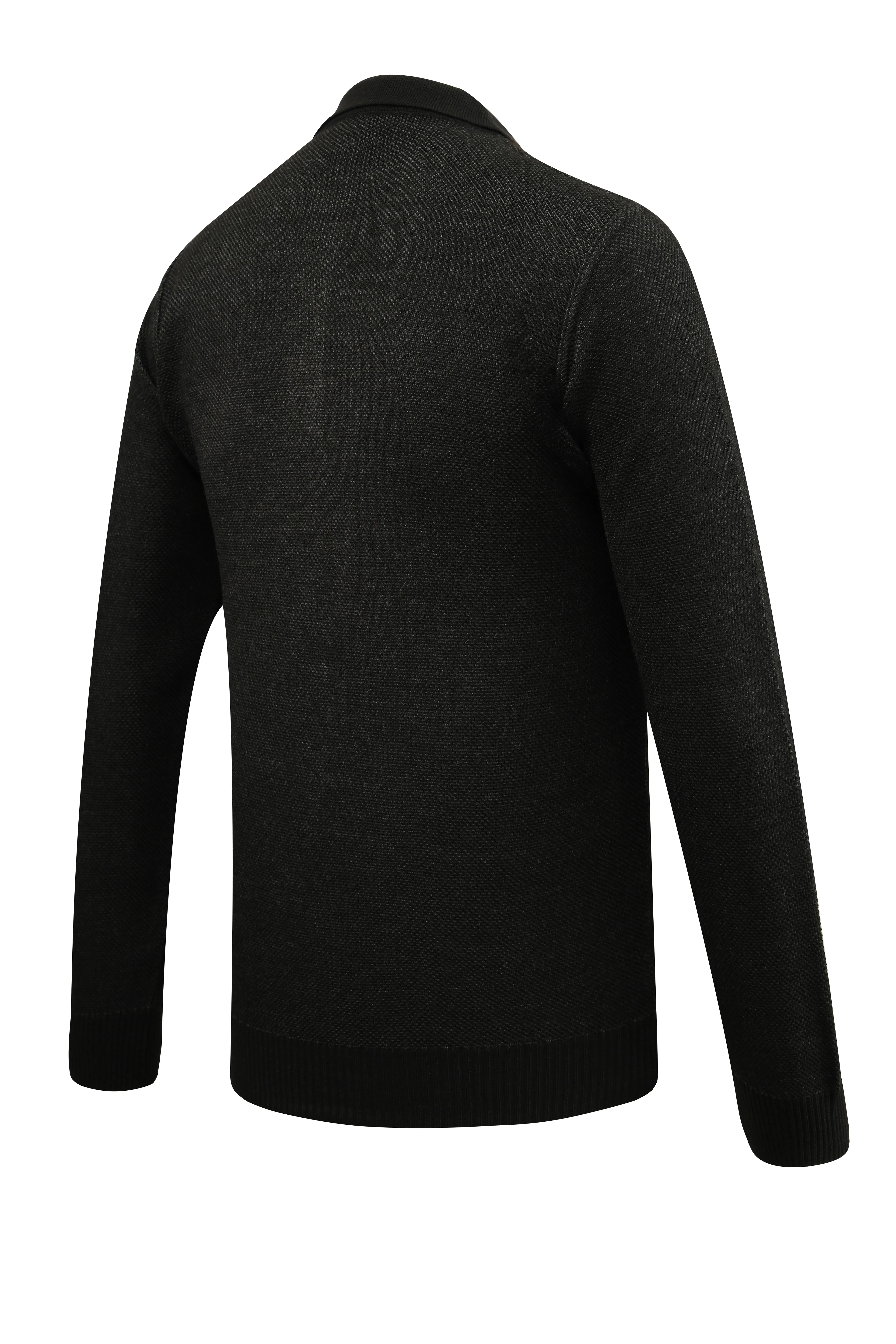 Erkek Polo Yaka Kazak Cepli Pike Desen Çelik Örgü Klasik Kalıp - 5214F - BLACK