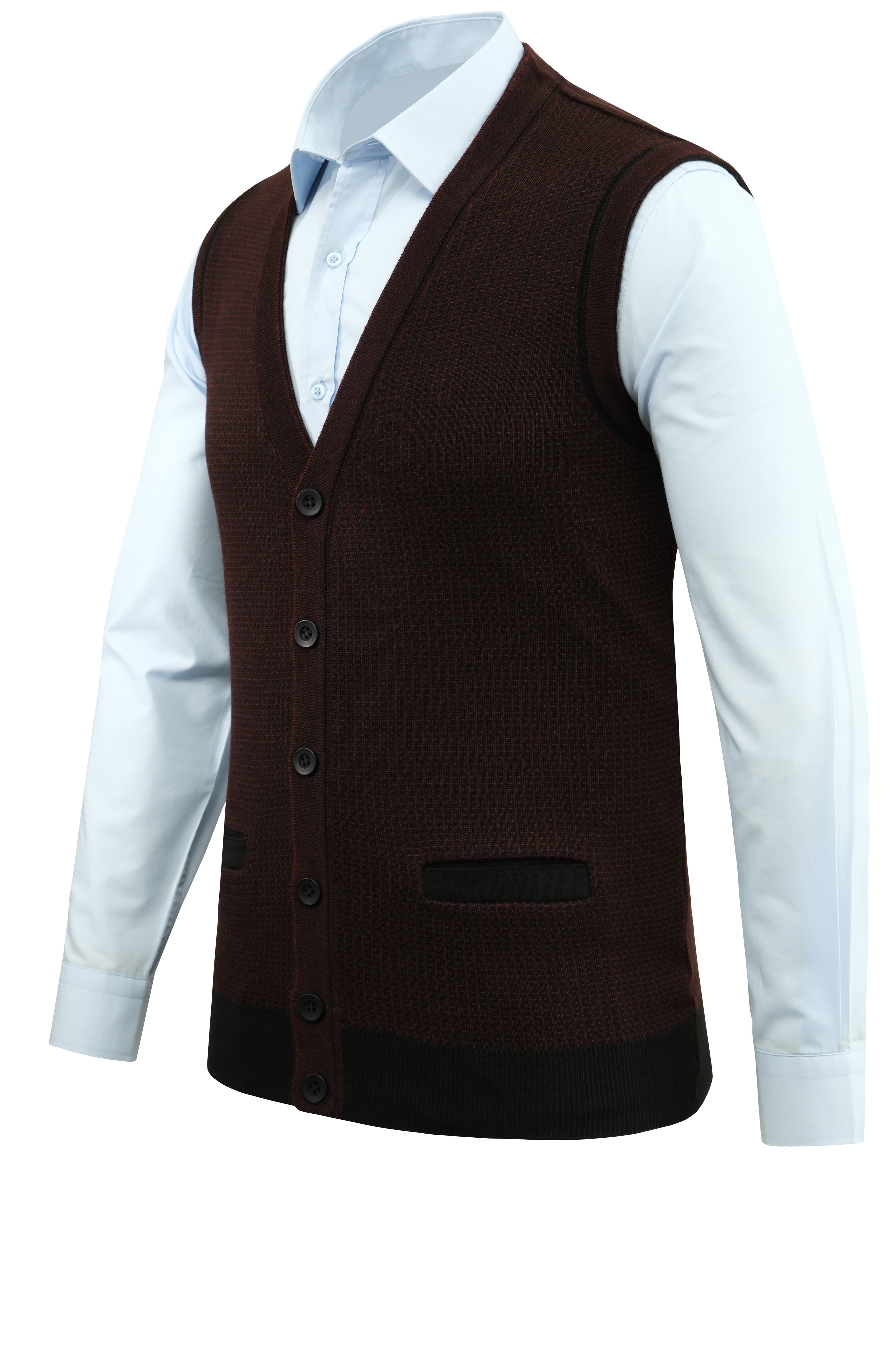 Erkek Büyük Beden Düğmeli Yelek Cepli Desenli Çelik Örgü Klasik Kalıp - 5208LB - BURGUNDY
