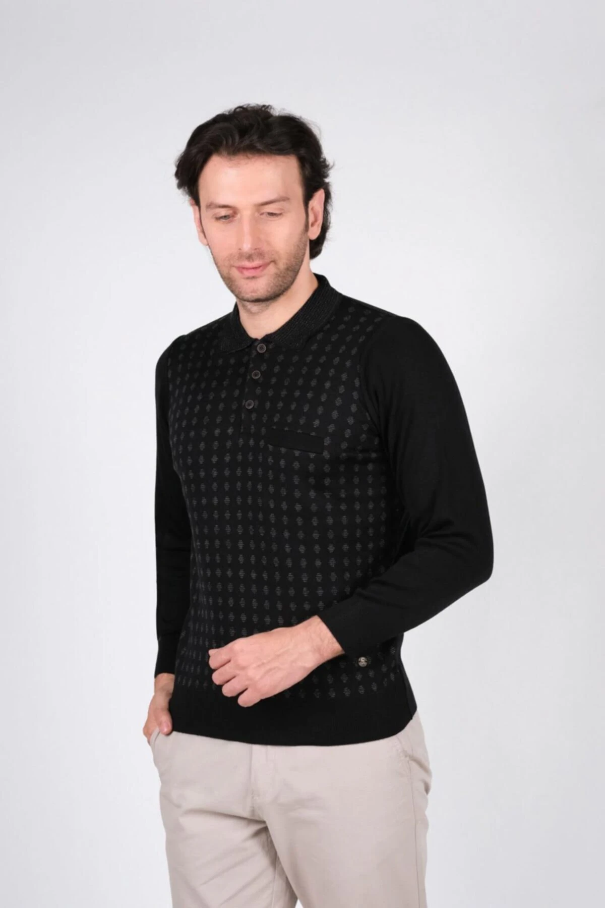 Erkek Polo Yaka Triko Kazak Cep Detaylı Desenli Kol Ve Bel Lastikli Dokuma Çelik Örgü