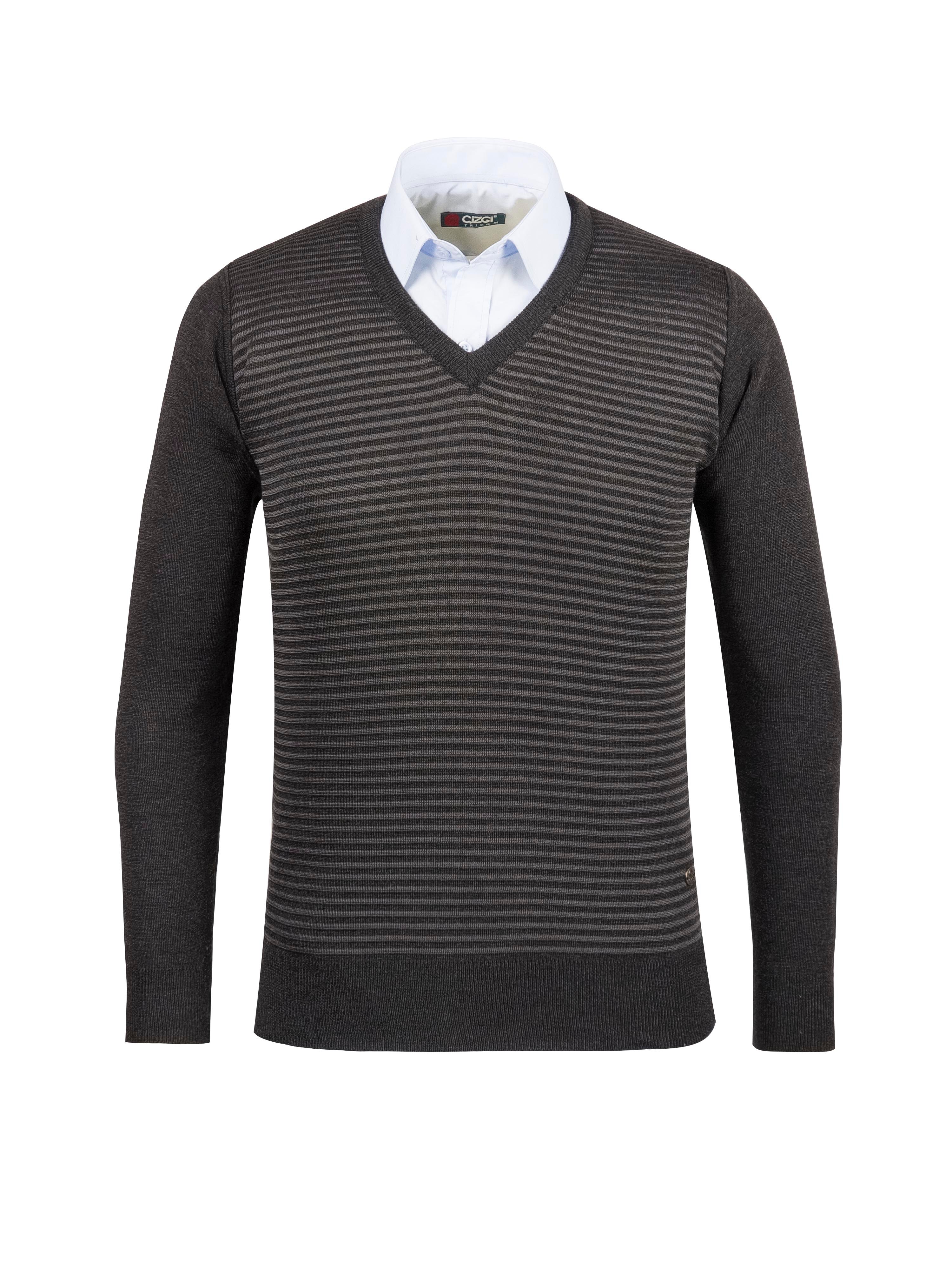 Stripe Knitwear Men's V-Neck Knitwear Sweater Patterned Sleeve and Waist Elastic Steel Knitted Classic Pattern - GRİ