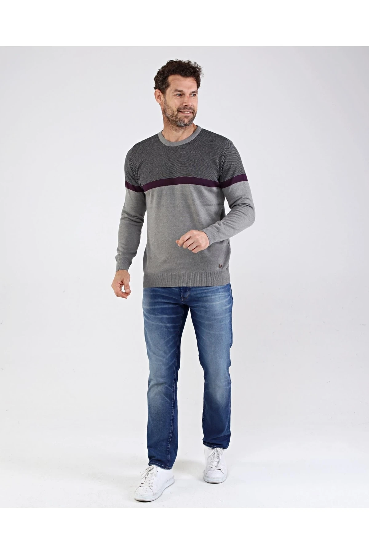 Erkek Sıfır Yaka Pamuklu Triko Gri Kazak Desenli Kol Ve Bel Lastikli Regular Kalıp