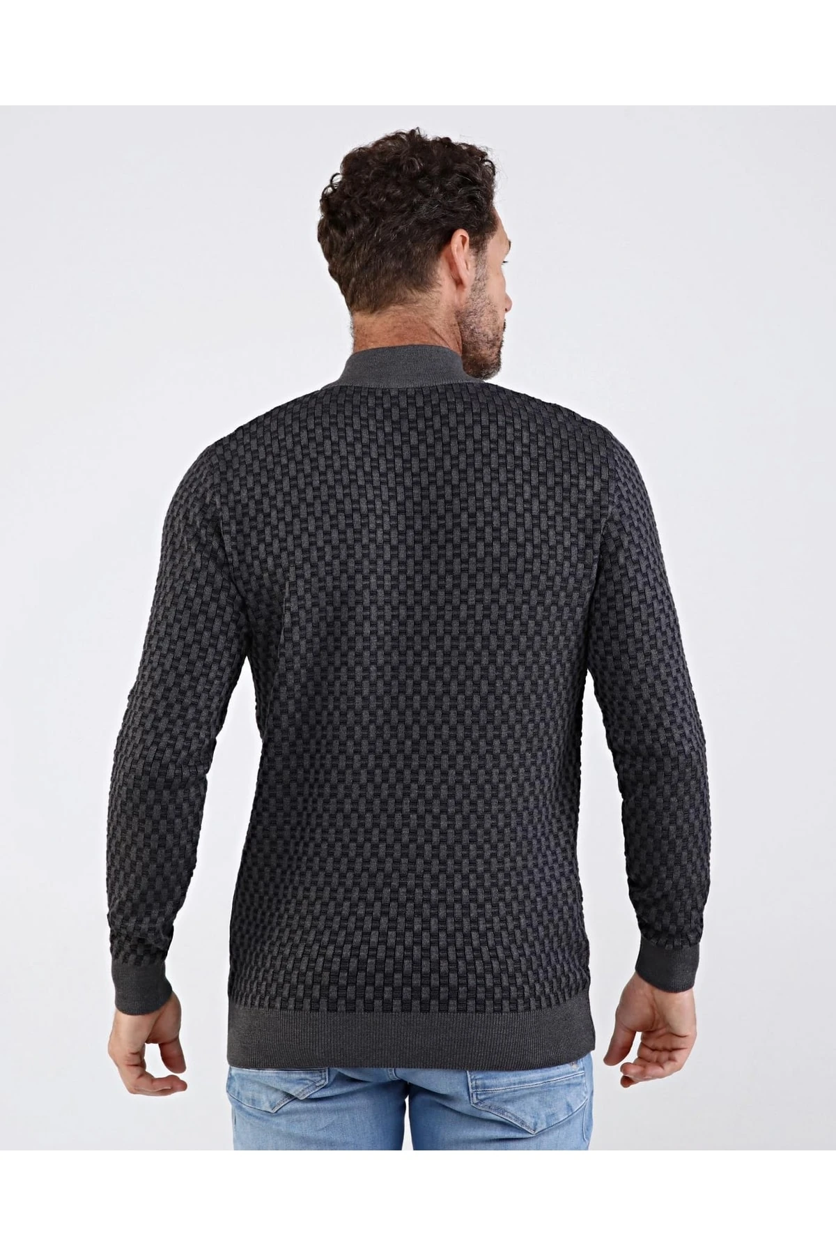 Erkek Yarım Balıkçı Yaka Pamuklu Triko Gri Kazak Desenli Kol Ve Bel Lastikli Regular