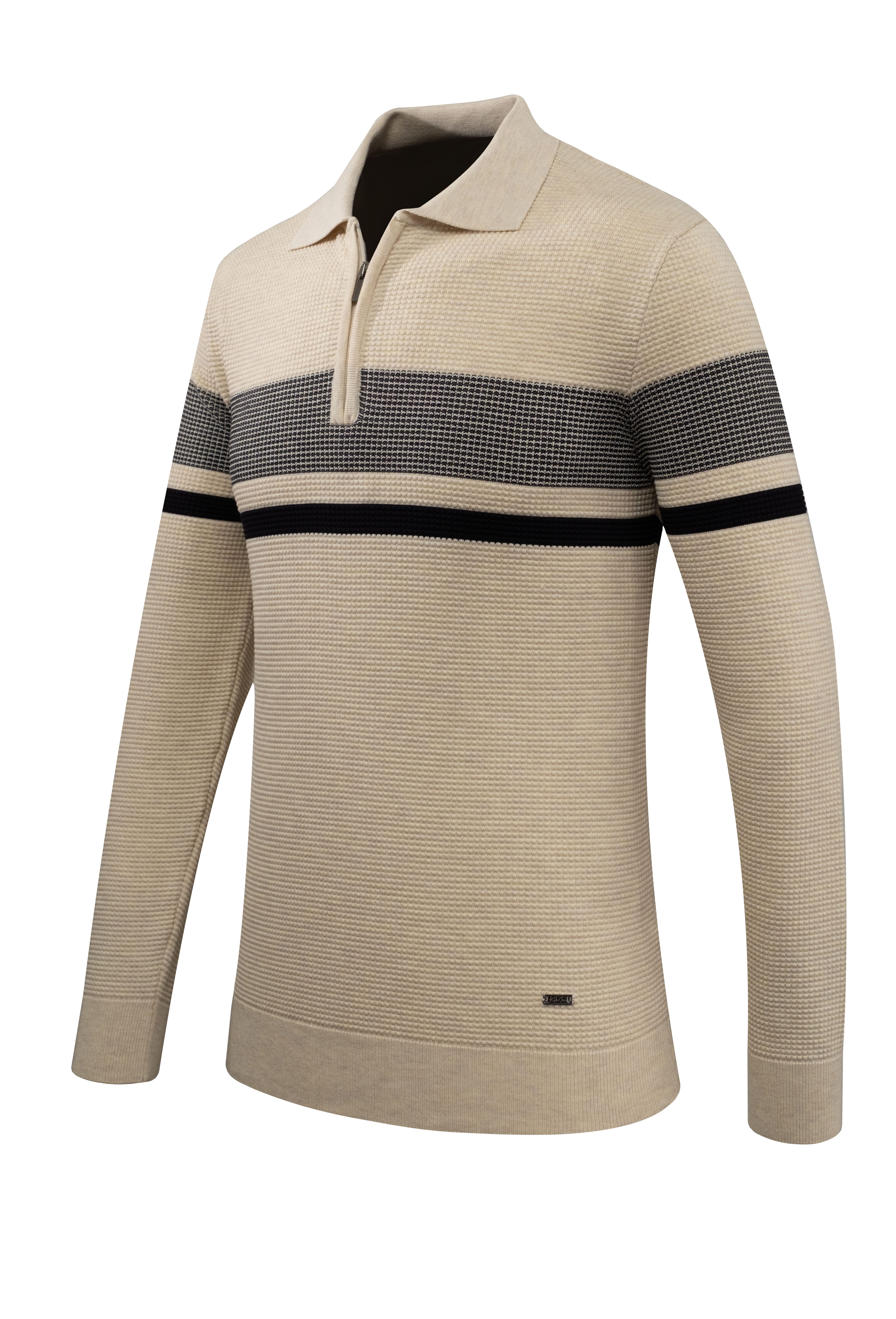 Erkek Fermuarlı Polo Yaka Kazak Triko Kabartmalı Örgü Desenli Klasik Kalıp - 5241F - BONE