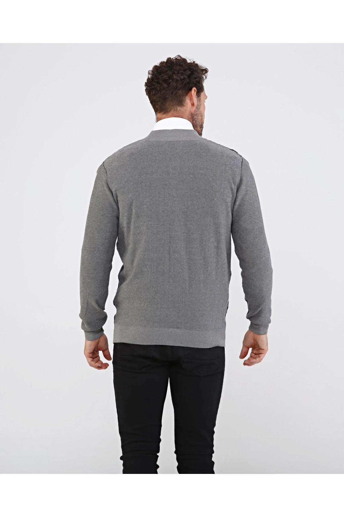 Erkek Triko Pamuklu Gri Ceket Fermuarlı Desenli Kol Ve Bel Lastikli Regular Kalıp