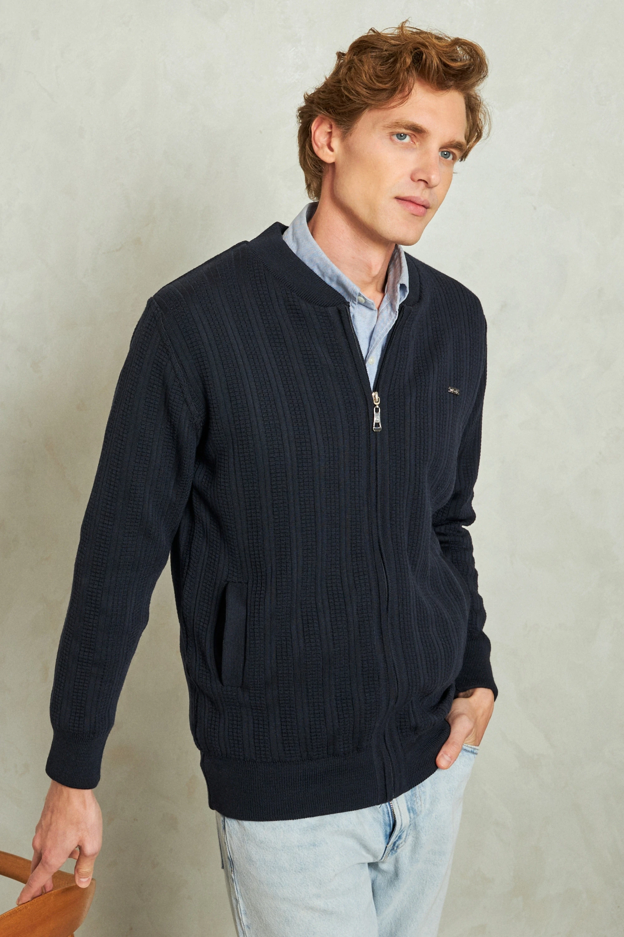 Erkek Astarlı Triko Mont Hakim Yaka Çelik Örgü Desenli Klasik Kalıp - 5209T - NAVY BLUE