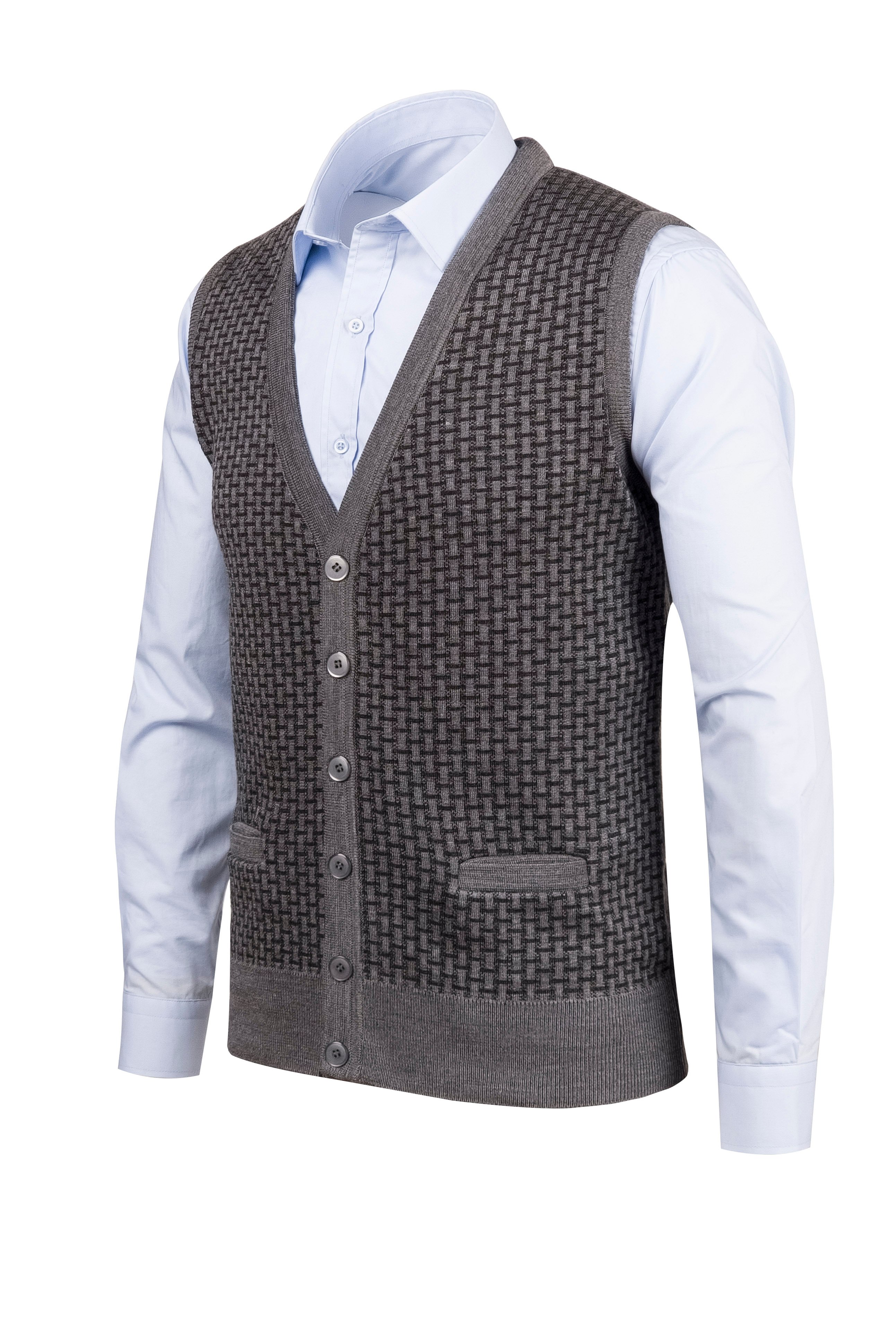 Stripe Knitwear Men's Knitwear Large Size V-Neck Vest Buttoned Pocket Detailed Patterned Waist Elastic Steel Knitted - GRİ