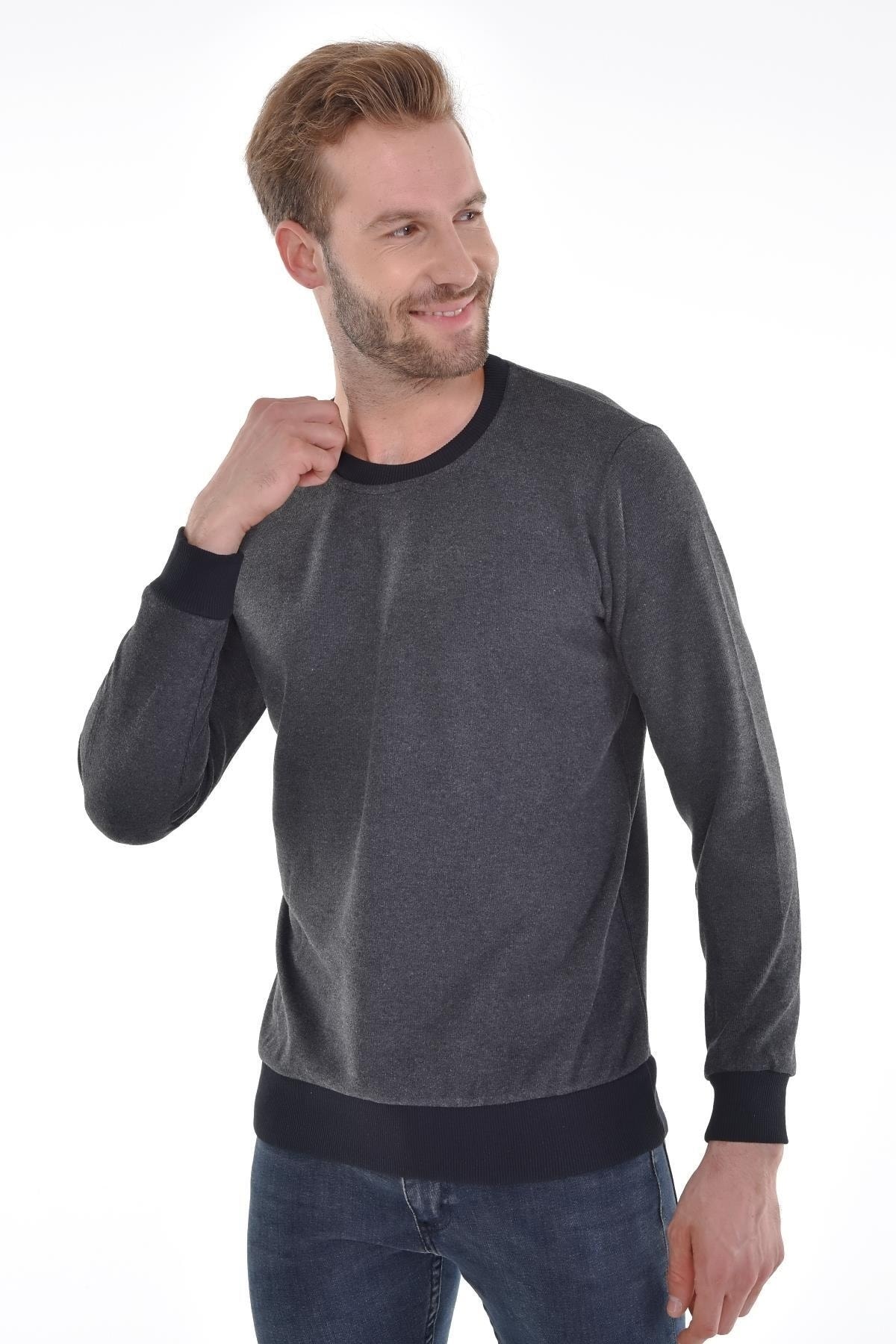 Erkek Sıfır Yaka Antrasit Sweat Kol Ve Bel Lasitkli Dokuma