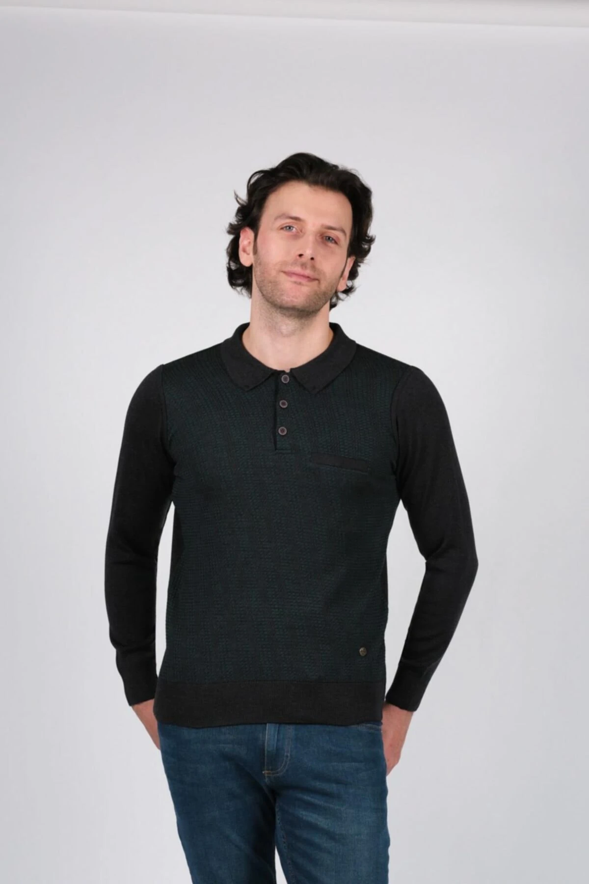 Polo Yaka Erkek Triko Kazak Çelik Örgü
