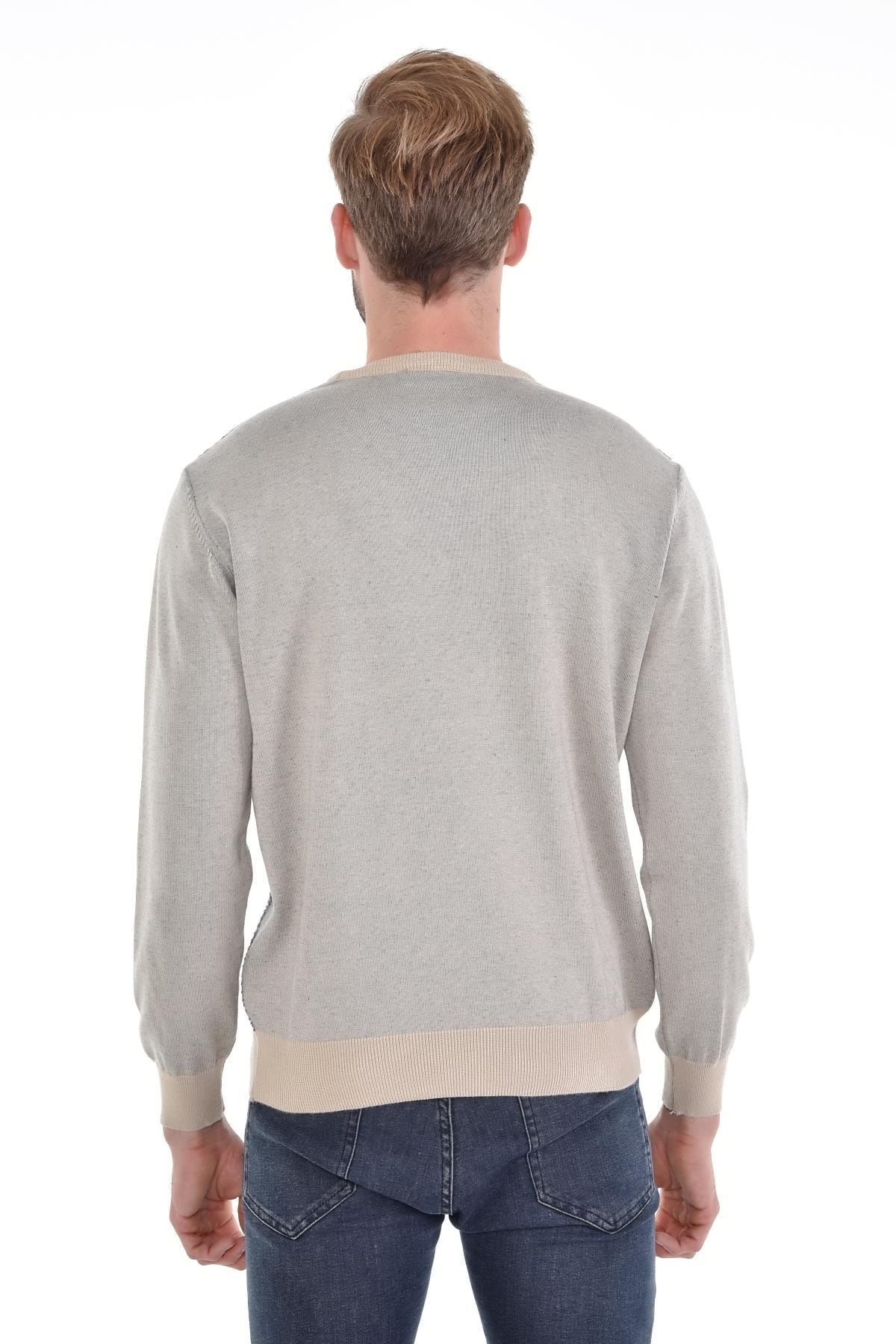 Erkek Sıfır Yaka Pamuklu Triko Bej Kazak Desenli Kol Ve Bel Lastikli Dokuma