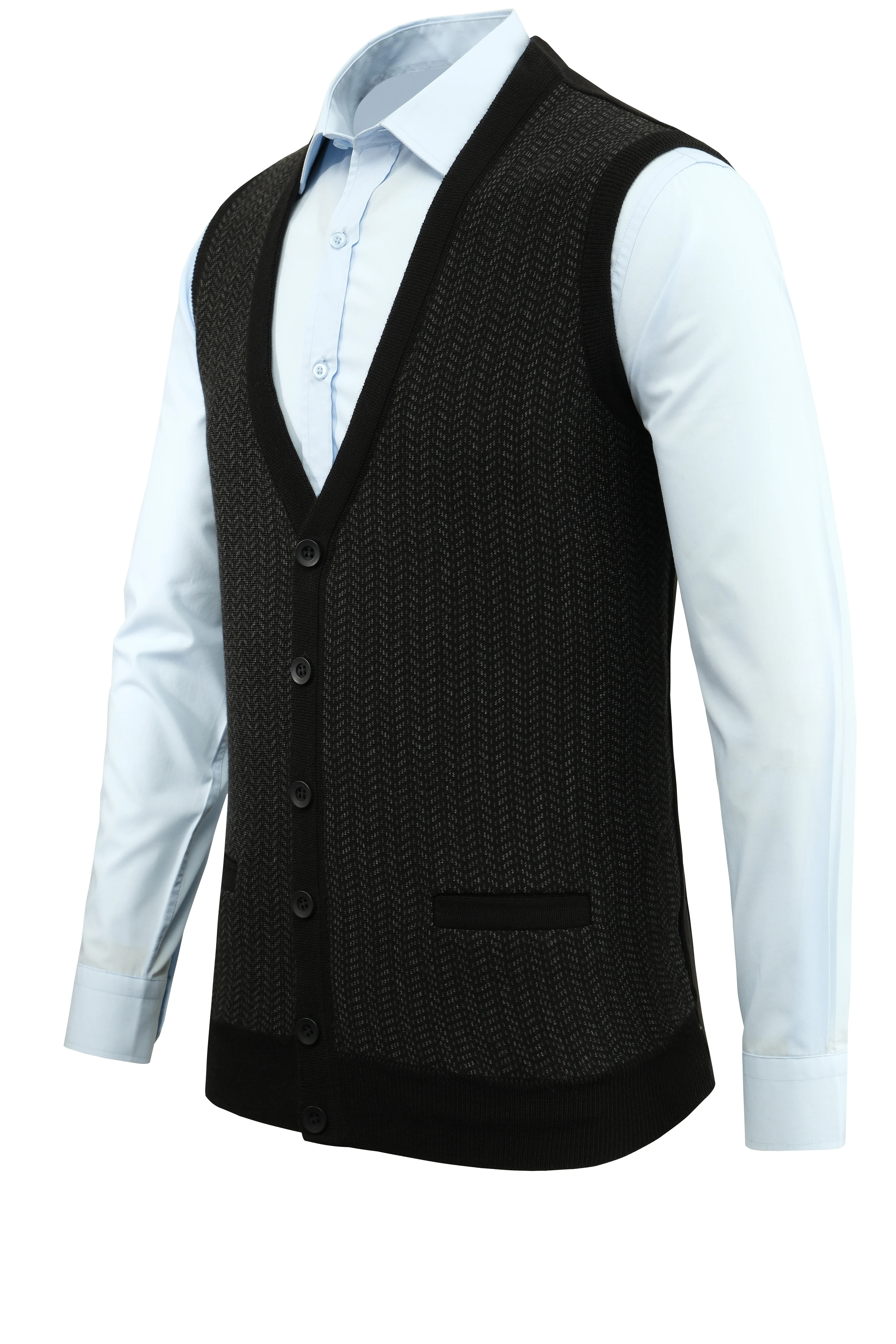 Erkek Düğmeli Yelek Cepli Desenli Çelik Örgü Klasik Kalıp - 5212L - SİYAH