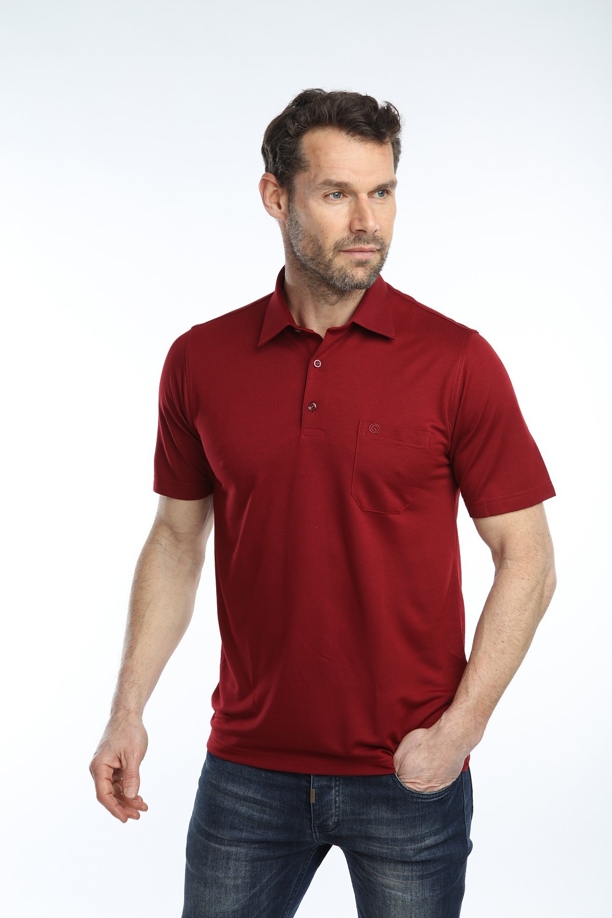 Çizgi Triko Erkek Gömlek Yaka Tişört Düz Renk Günlük Cep Detaylı - BORDO