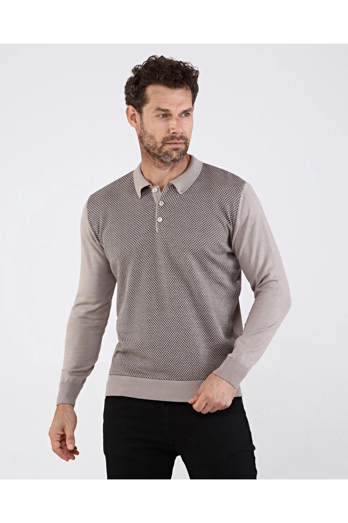Erkek Polo Yaka Pamuklu Triko Bej Kazak Desenli Kol Ve Bel Lastikli Regular Kalıp