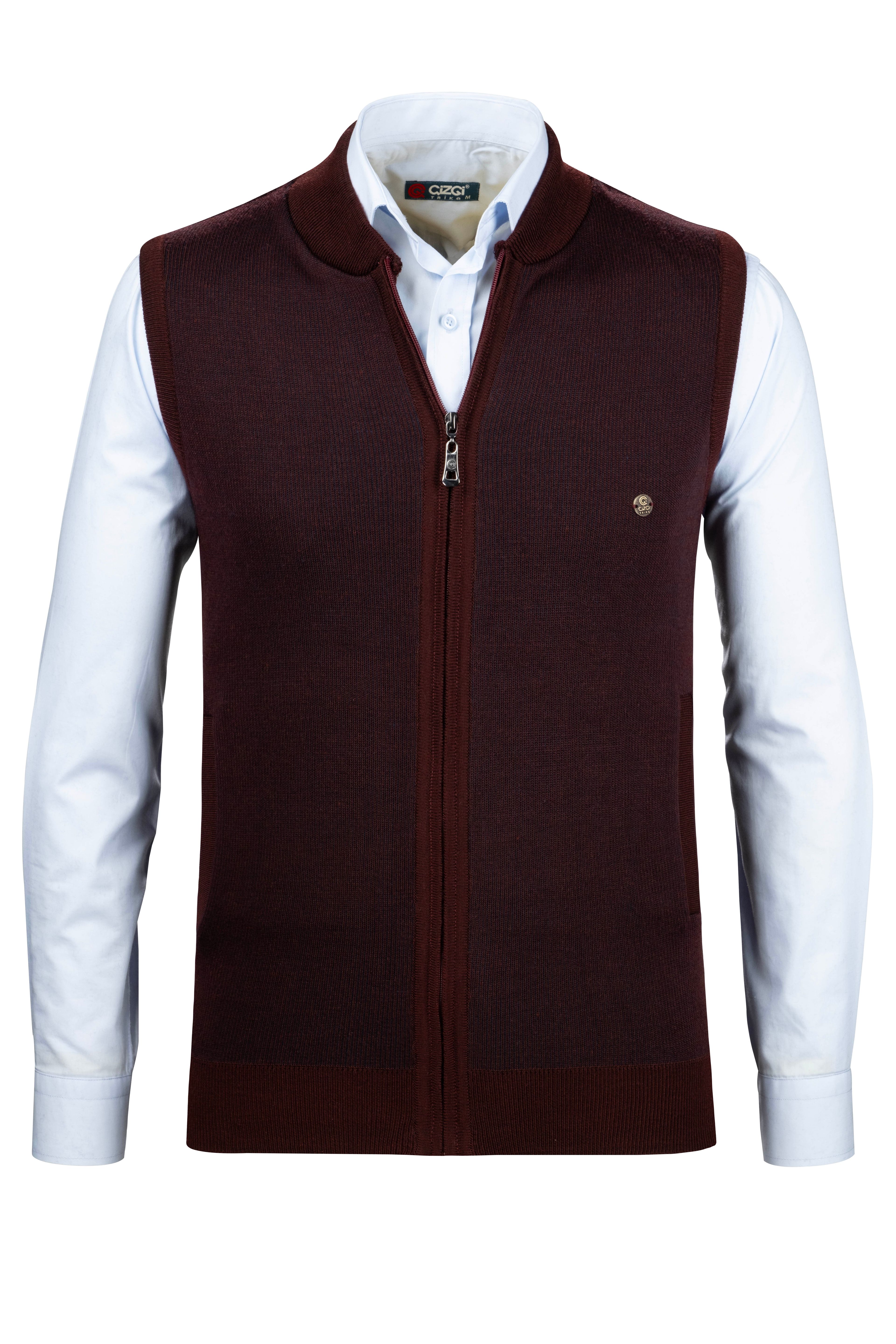 Stripe Knitwear Men's Knitwear Vest with Zipper Pockets Steel Knitted Knitwear Classic Pattern - 5015J - BURGUNDY