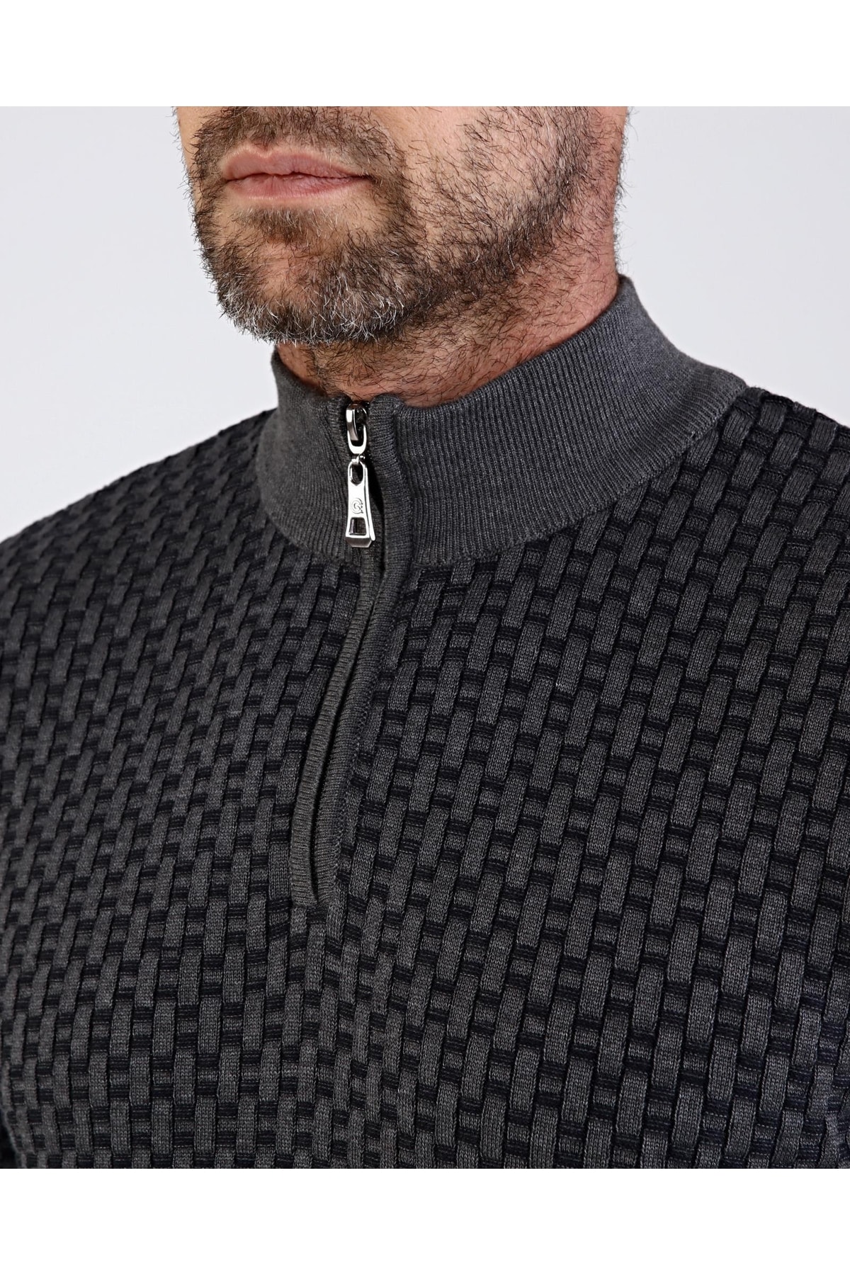 Erkek Yarım Balıkçı Yaka Pamuklu Triko Gri Kazak Desenli Kol Ve Bel Lastikli Regular