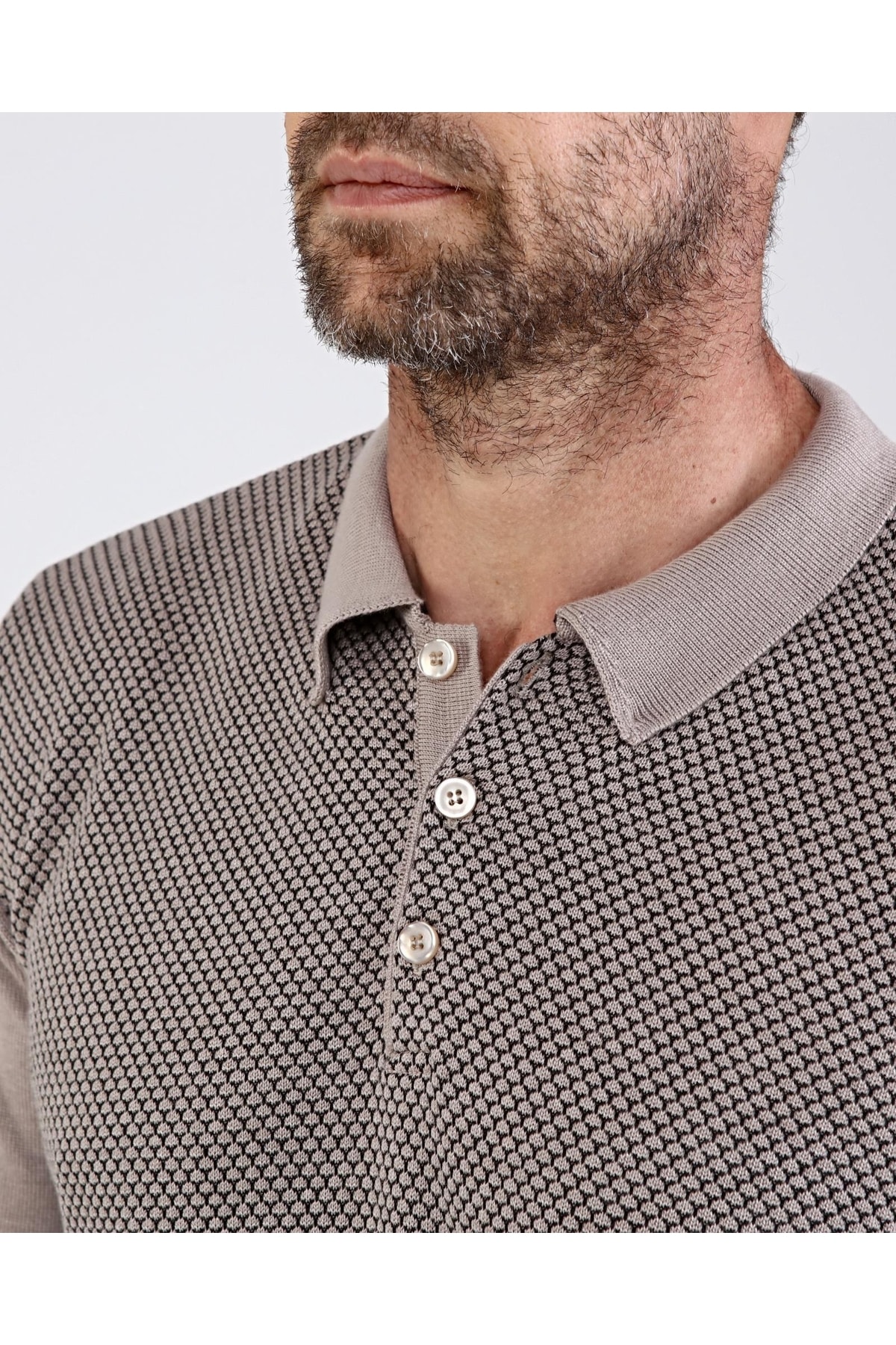 Erkek Polo Yaka Pamuklu Triko Bej Kazak Desenli Kol Ve Bel Lastikli Regular Kalıp