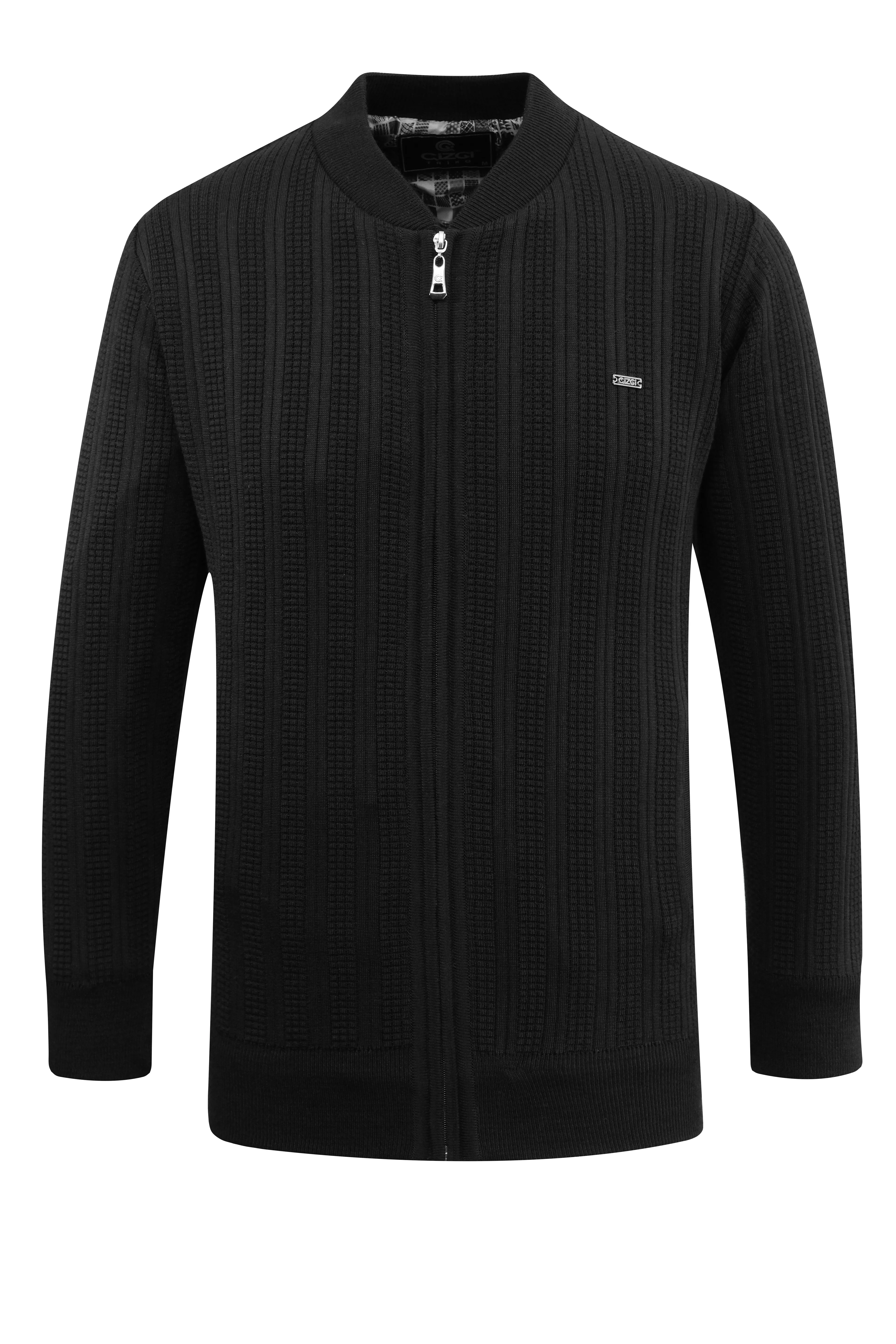 Erkek Astarlı Triko Mont Hakim Yaka Çelik Örgü Desenli Klasik Kalıp - 5209T - BLACK