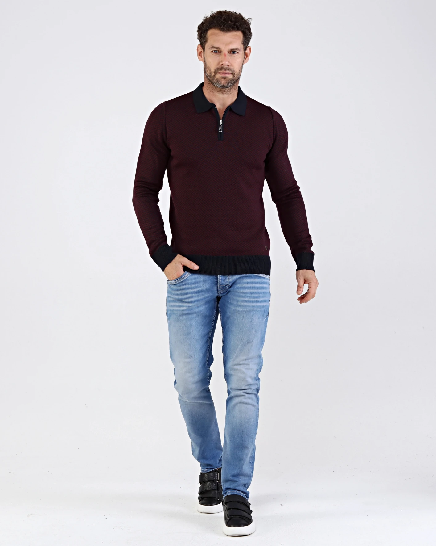 Çizgi Triko Erkek Polo Yaka Triko Kazak Desenli Kol Ve Bel Lastikli Çelik Örgü Regular Kalıp