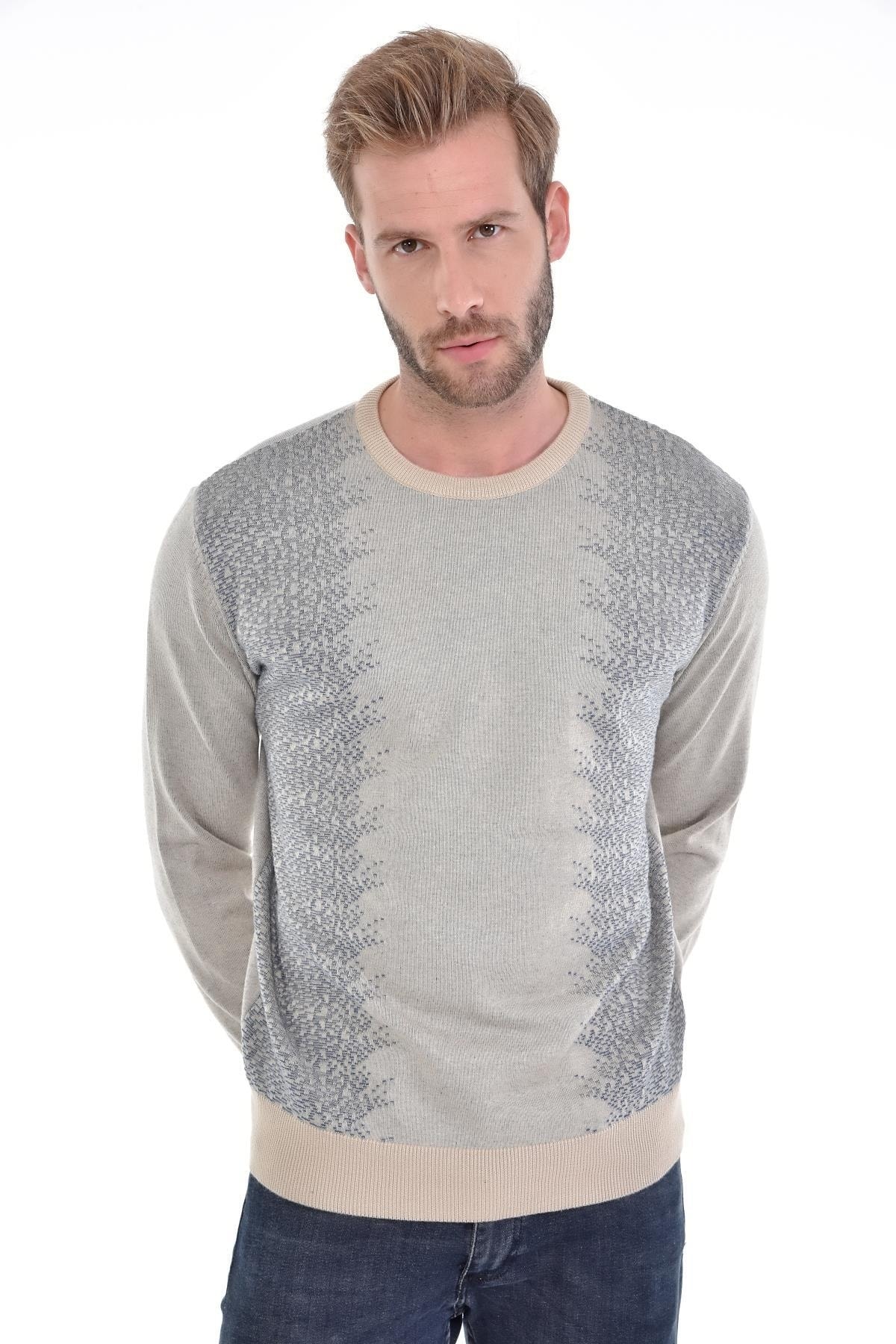 Erkek Sıfır Yaka Pamuklu Triko Bej Kazak Desenli Kol Ve Bel Lastikli Dokuma