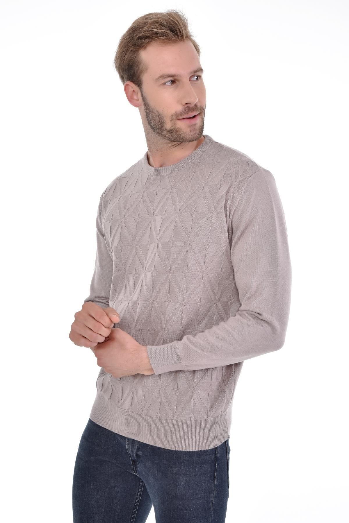 Erkek Sıfır Yaka Pamuklu Triko Bej Kazak Desenli Kol Ve Bel Lastikli Dokuma