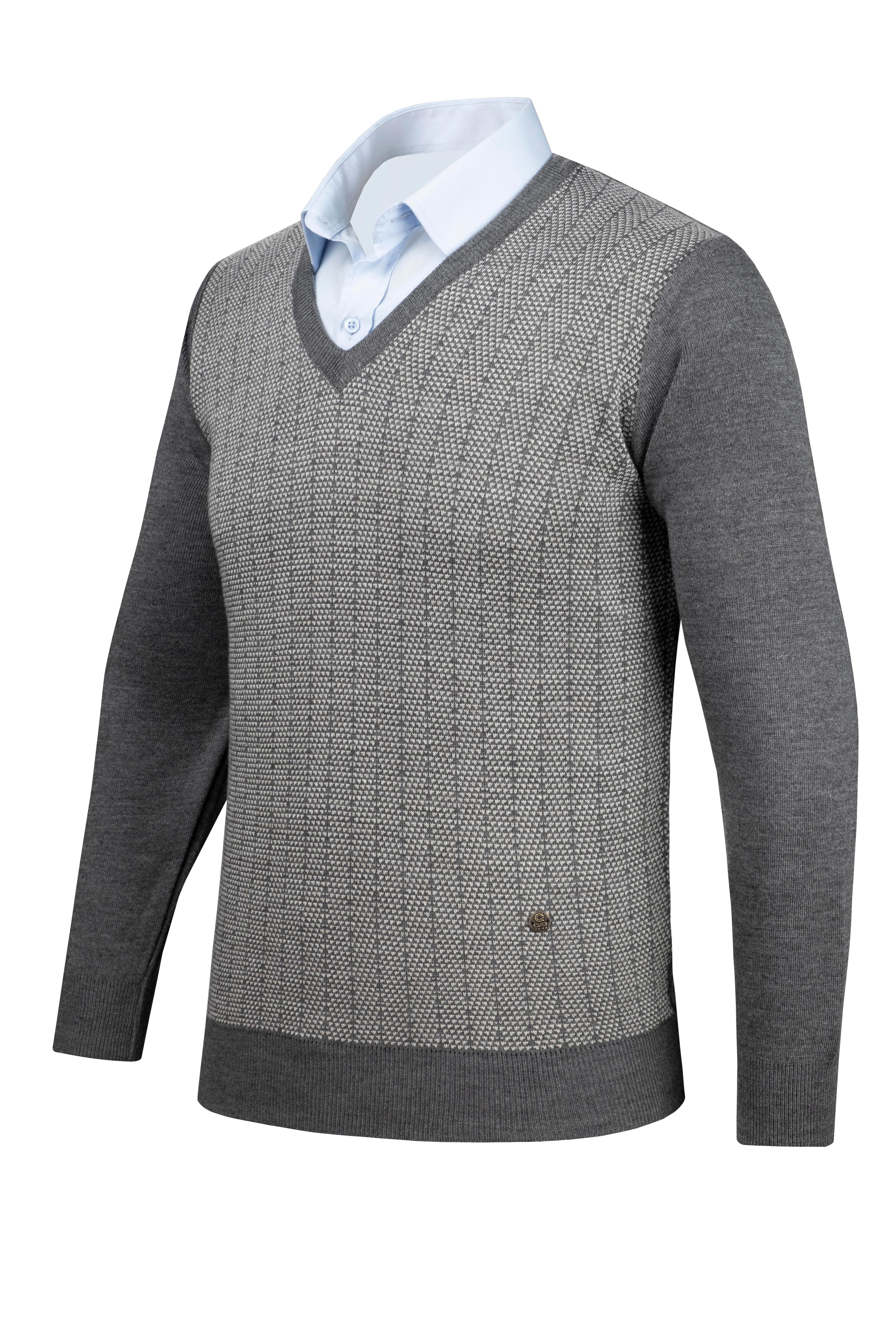 Stripe Knitwear Men's V-Neck Knitwear Sweater Patterned Sleeve and Waist Elastic Steel Knitted Classic Pattern - 5007D - GRİ