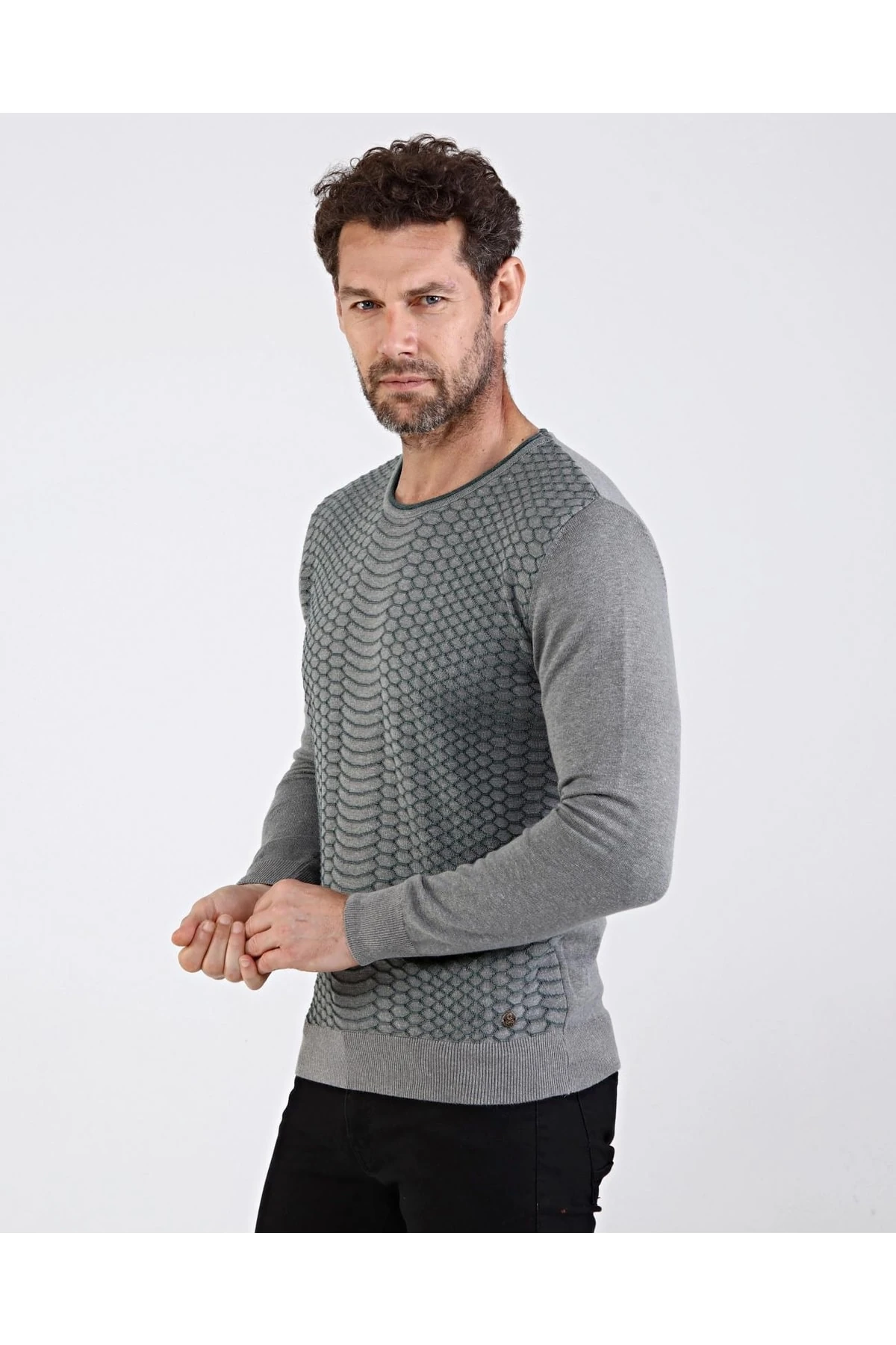 Erkek Sıfır Yaka Pamuklu Triko Gri Kazak Desenli Kol Ve Bel Lastikli Regular Kalıp