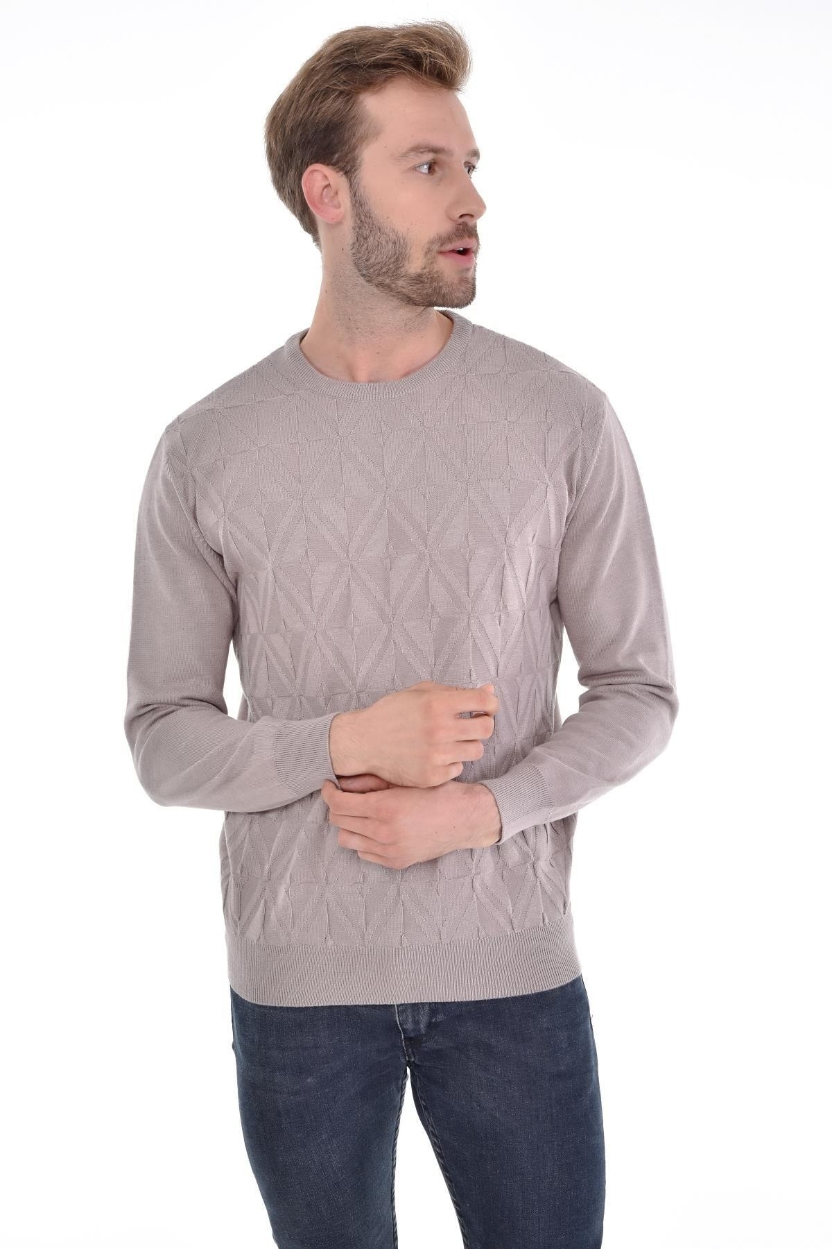 Erkek Sıfır Yaka Pamuklu Triko Bej Kazak Desenli Kol Ve Bel Lastikli Dokuma