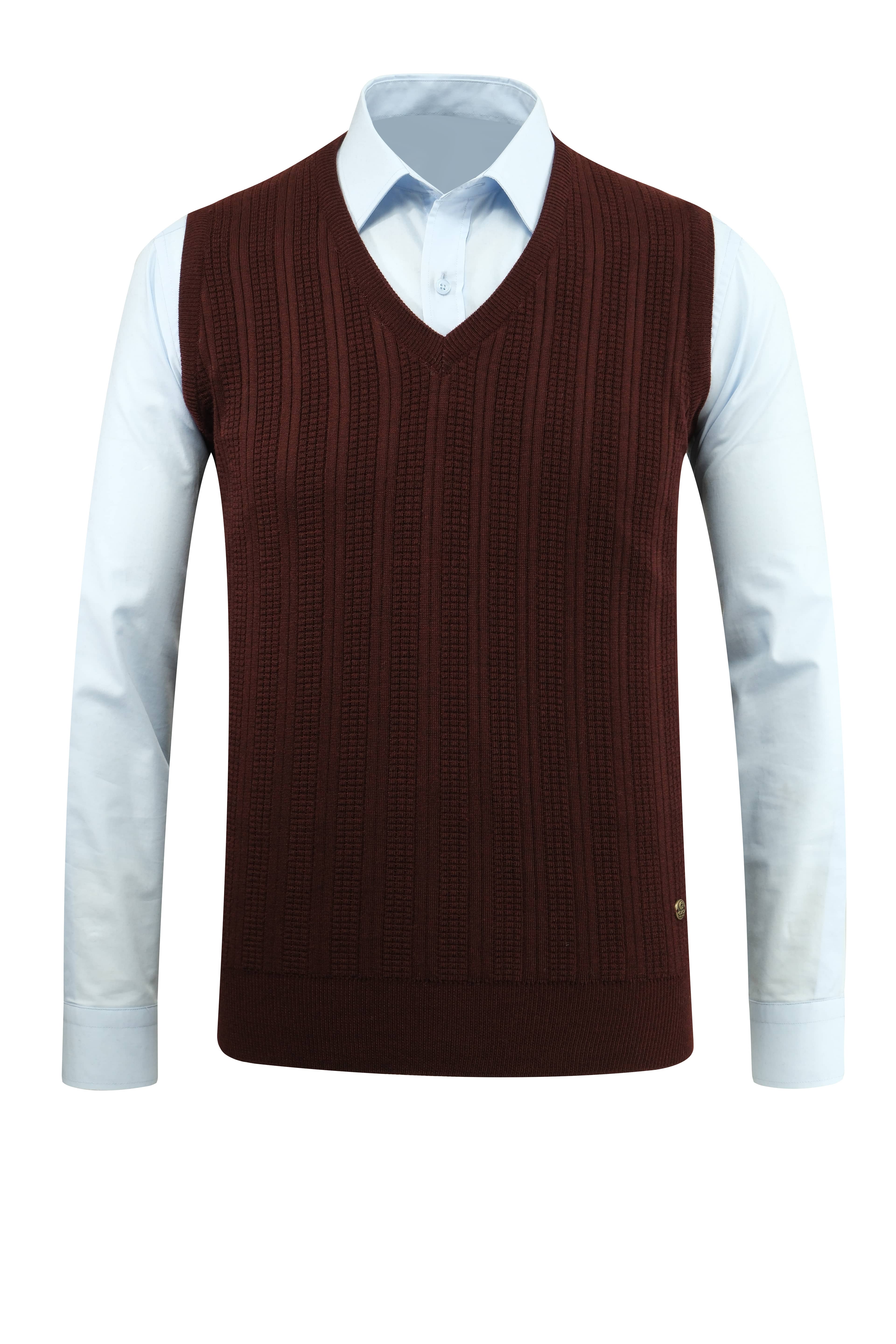 Erkek V Yaka Süveter Desenli Çelik Örgü Klasik Kalıp - 5209H - BURGUNDY