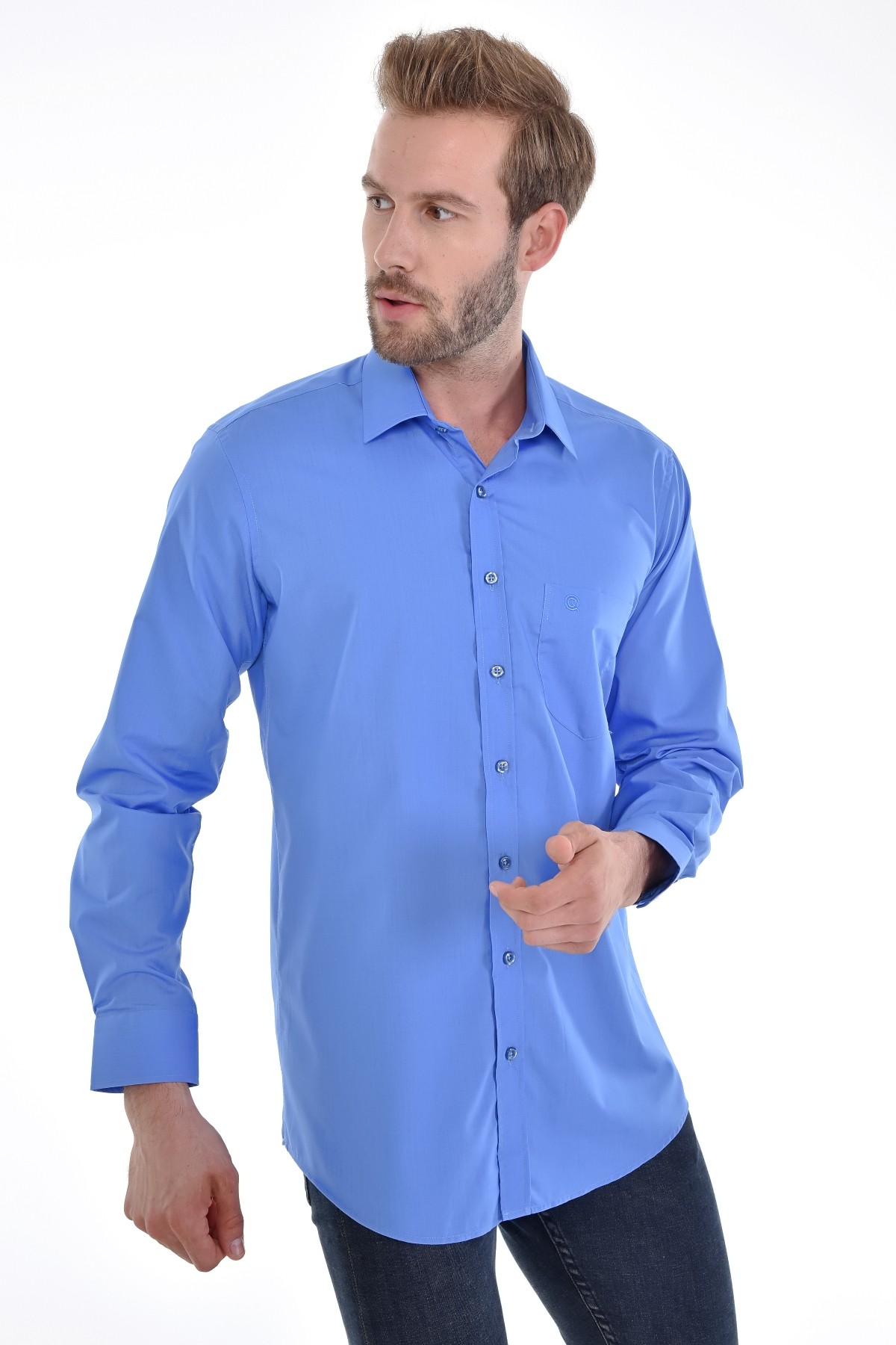 Çizgi Triko Cepli Klasik Kalıp Düz Renk Uzun Kollu Erkek Gömlek - MAVİ