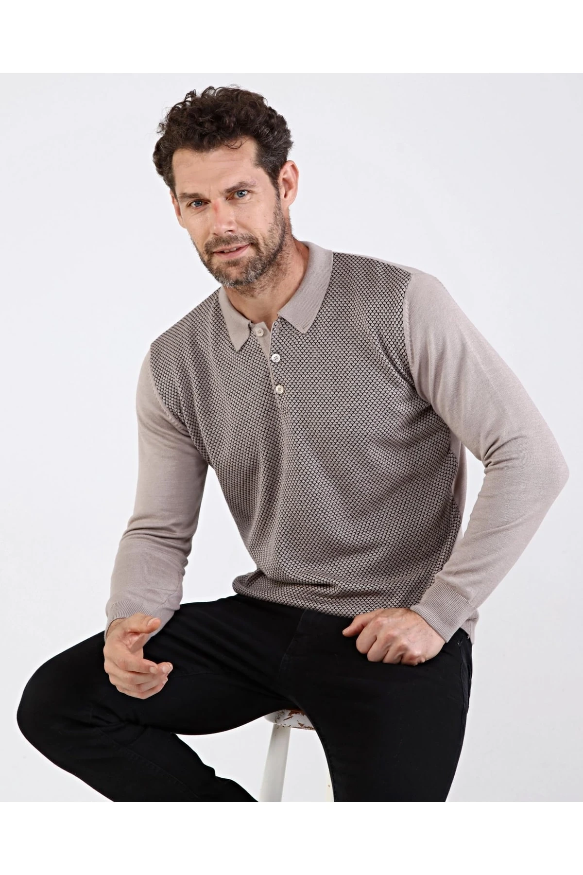 Erkek Polo Yaka Pamuklu Triko Bej Kazak Desenli Kol Ve Bel Lastikli Regular Kalıp