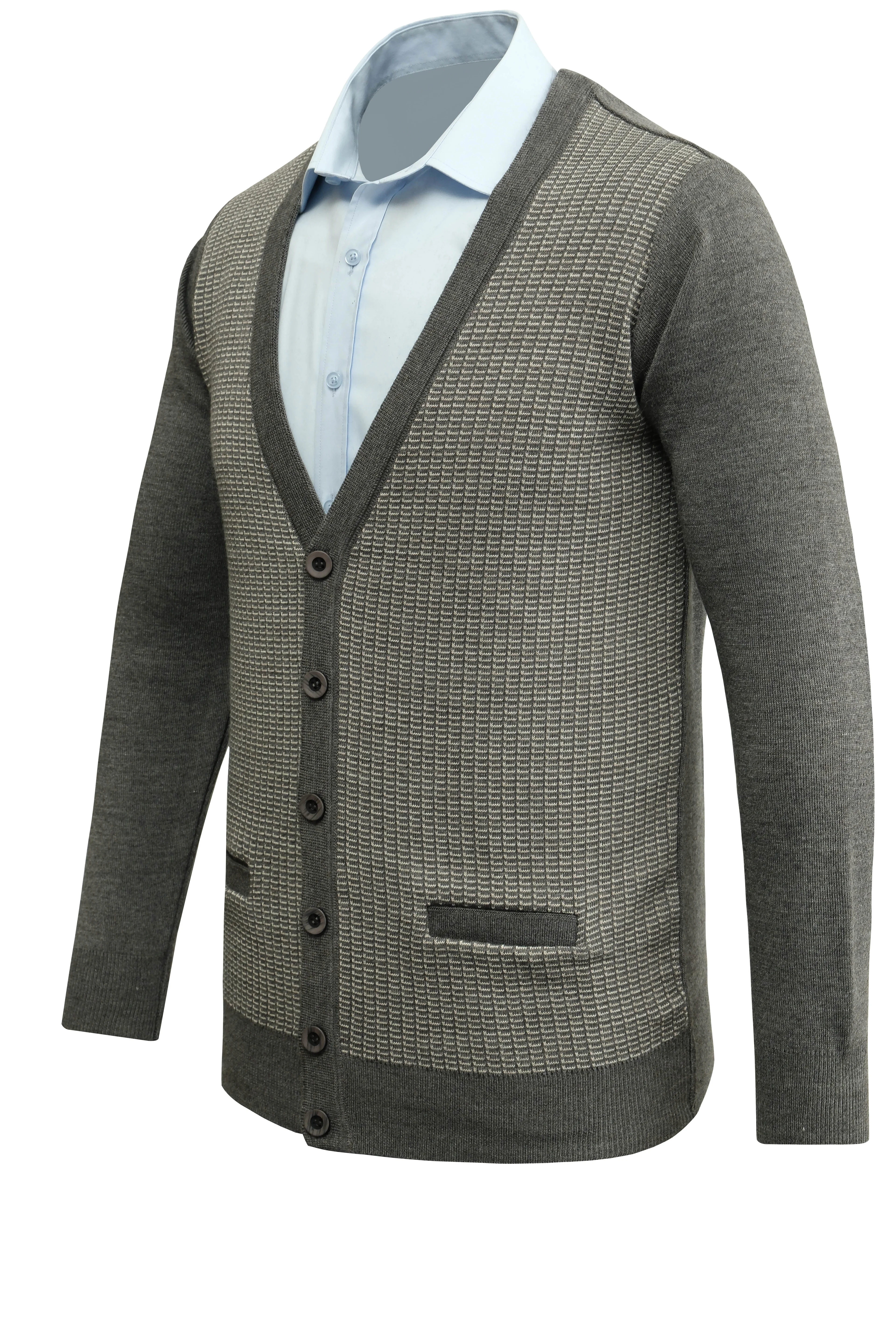 Erkek Düğmeli Hırka Cepli Desenli Çelik Örgü Klasik Kalıp - 5205M - GREY