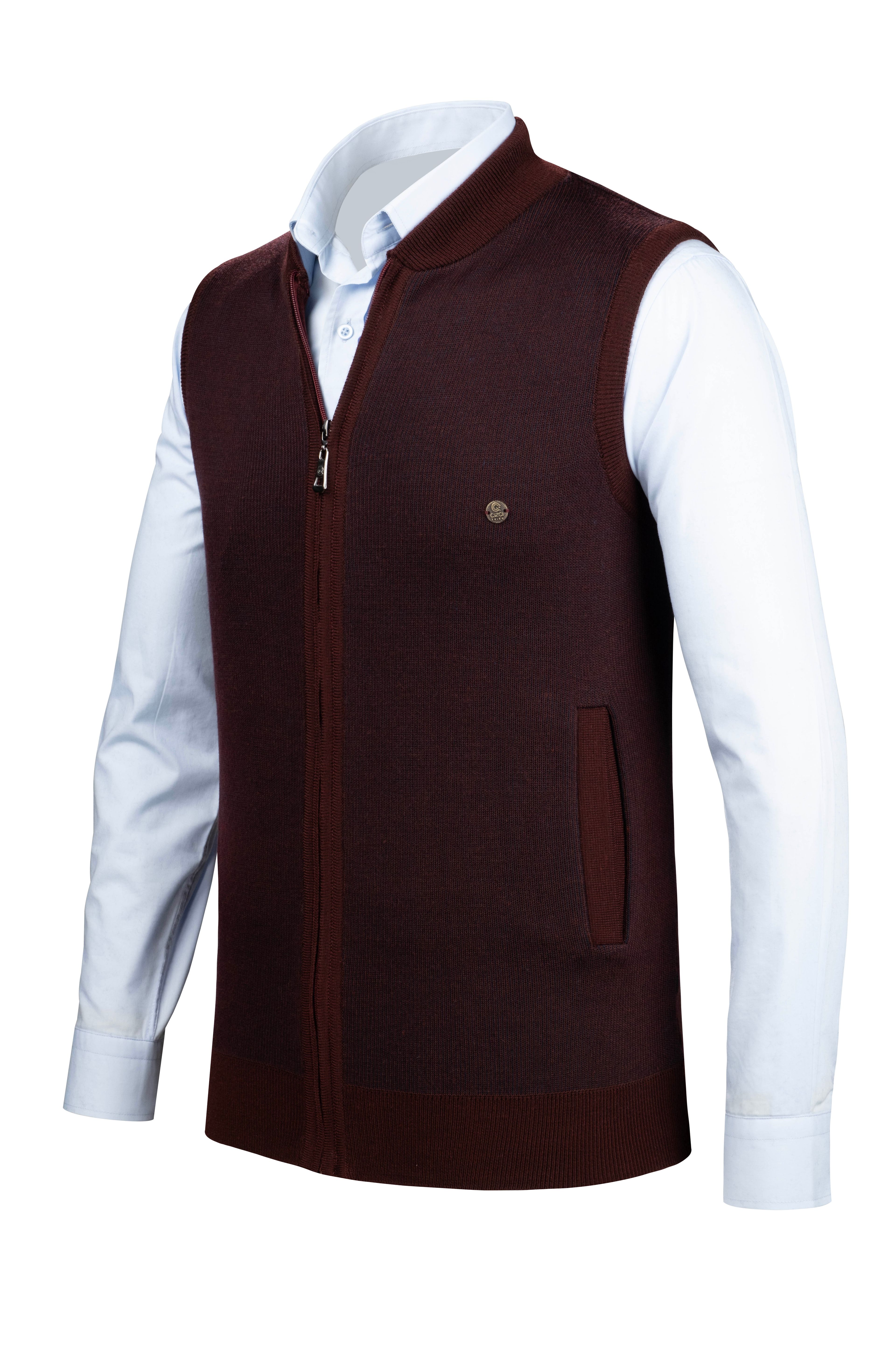 Stripe Knitwear Men's Knitwear Vest with Zipper Pockets Steel Knitted Knitwear Classic Pattern - 5015J - BURGUNDY