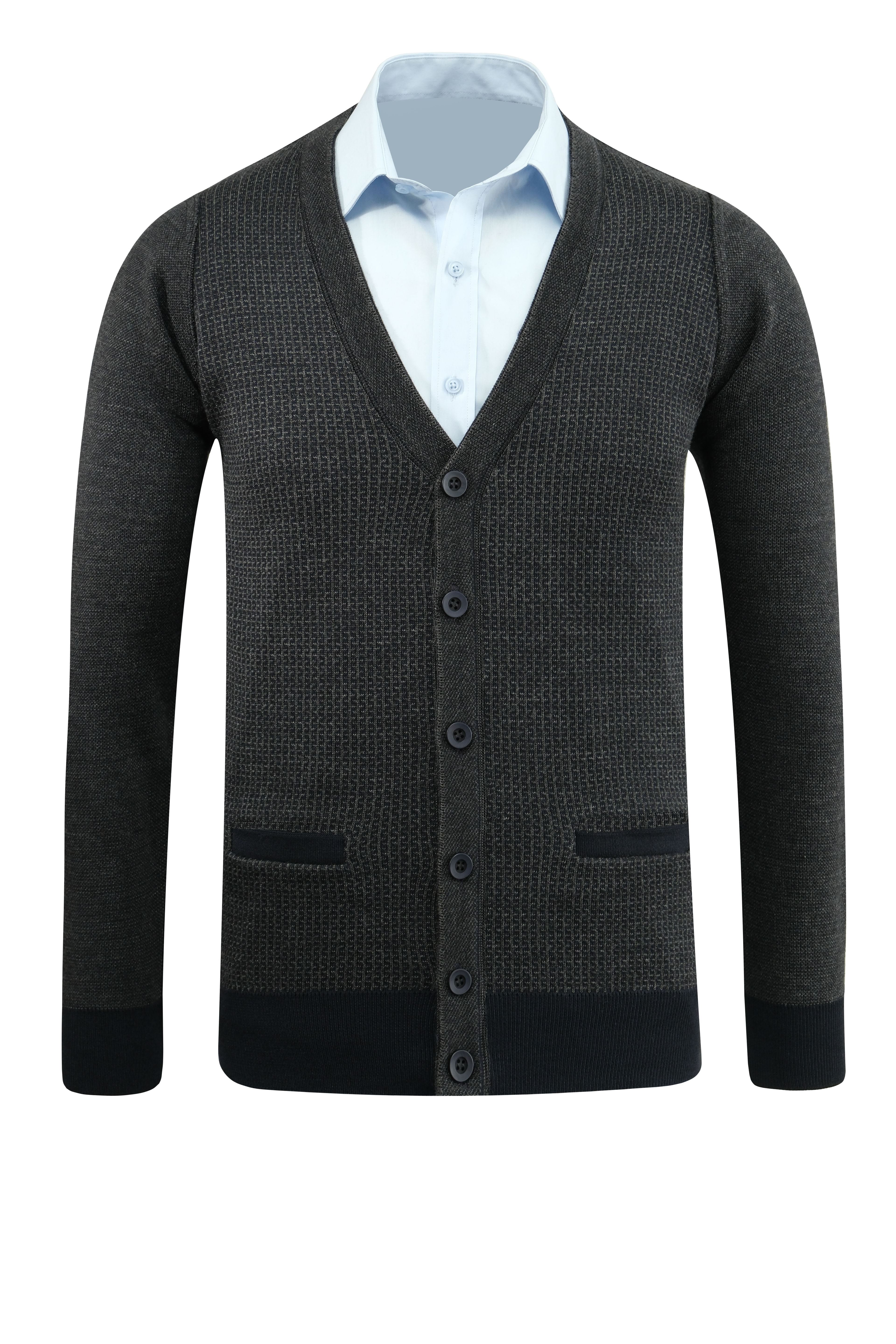 Erkek Düğmeli Hırka Cepli Desenli Çelik Örgü Klasik Kalıp - 5208M - LACİVERT