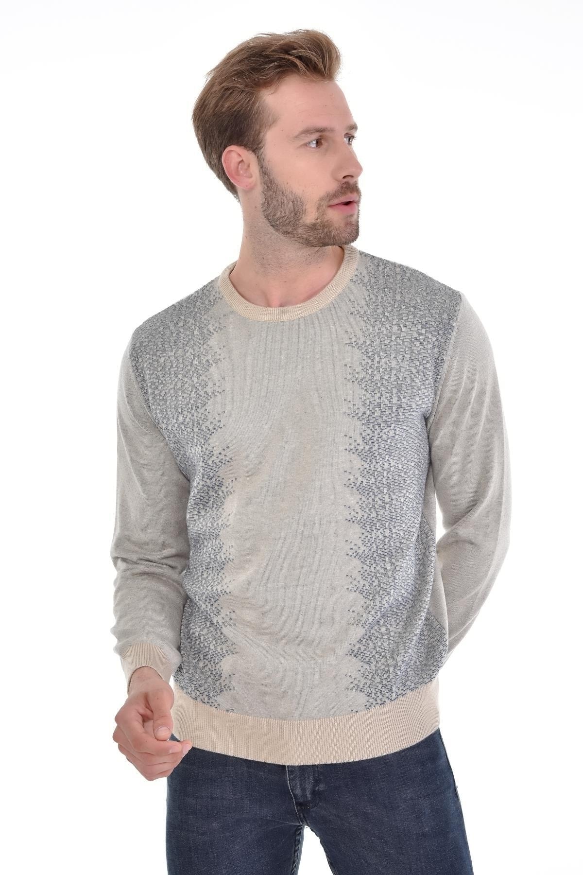 Erkek Sıfır Yaka Pamuklu Triko Bej Kazak Desenli Kol Ve Bel Lastikli Dokuma