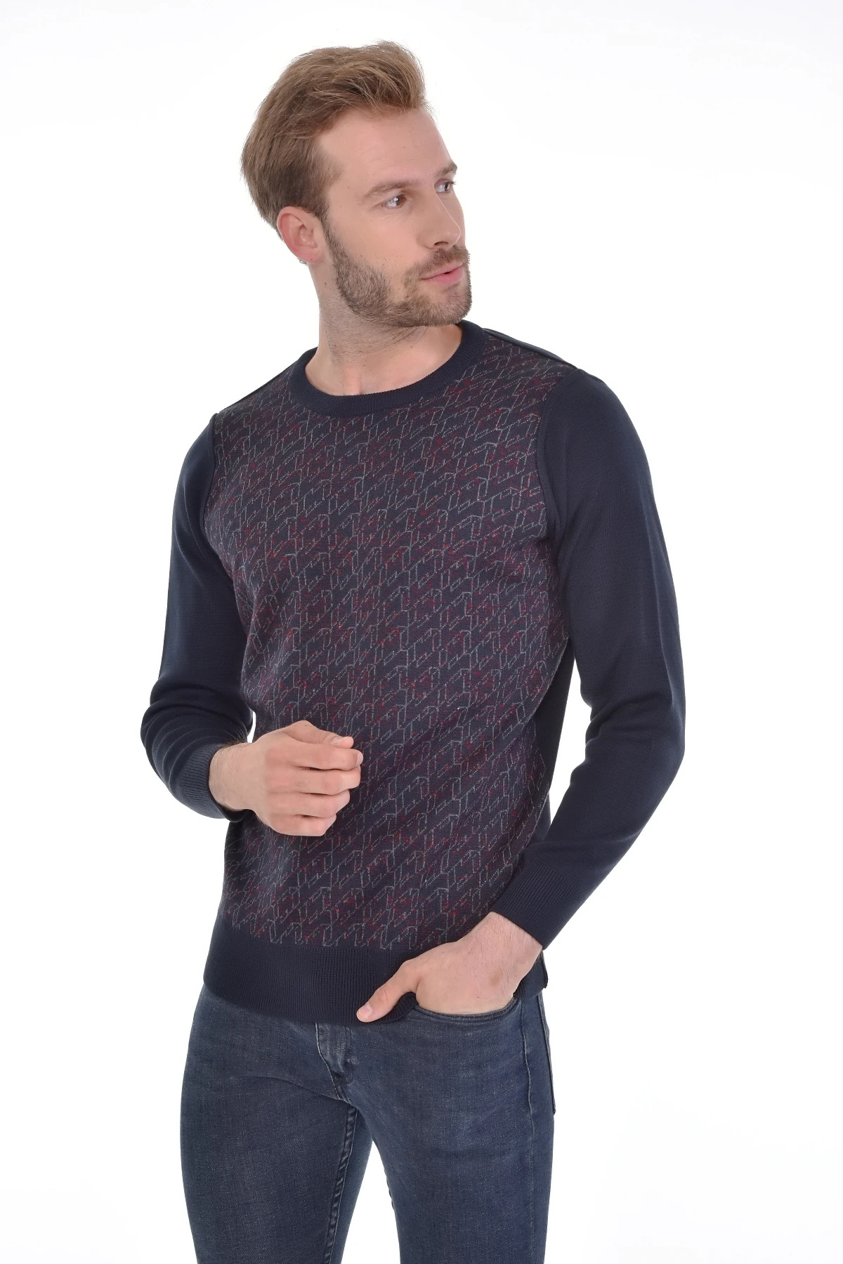 Çizgi Triko Erkek Sıfır Yaka Triko Kazak Desenli Kol Ve Bel Lastikli Dokuma Çelik Örgü - 4413C