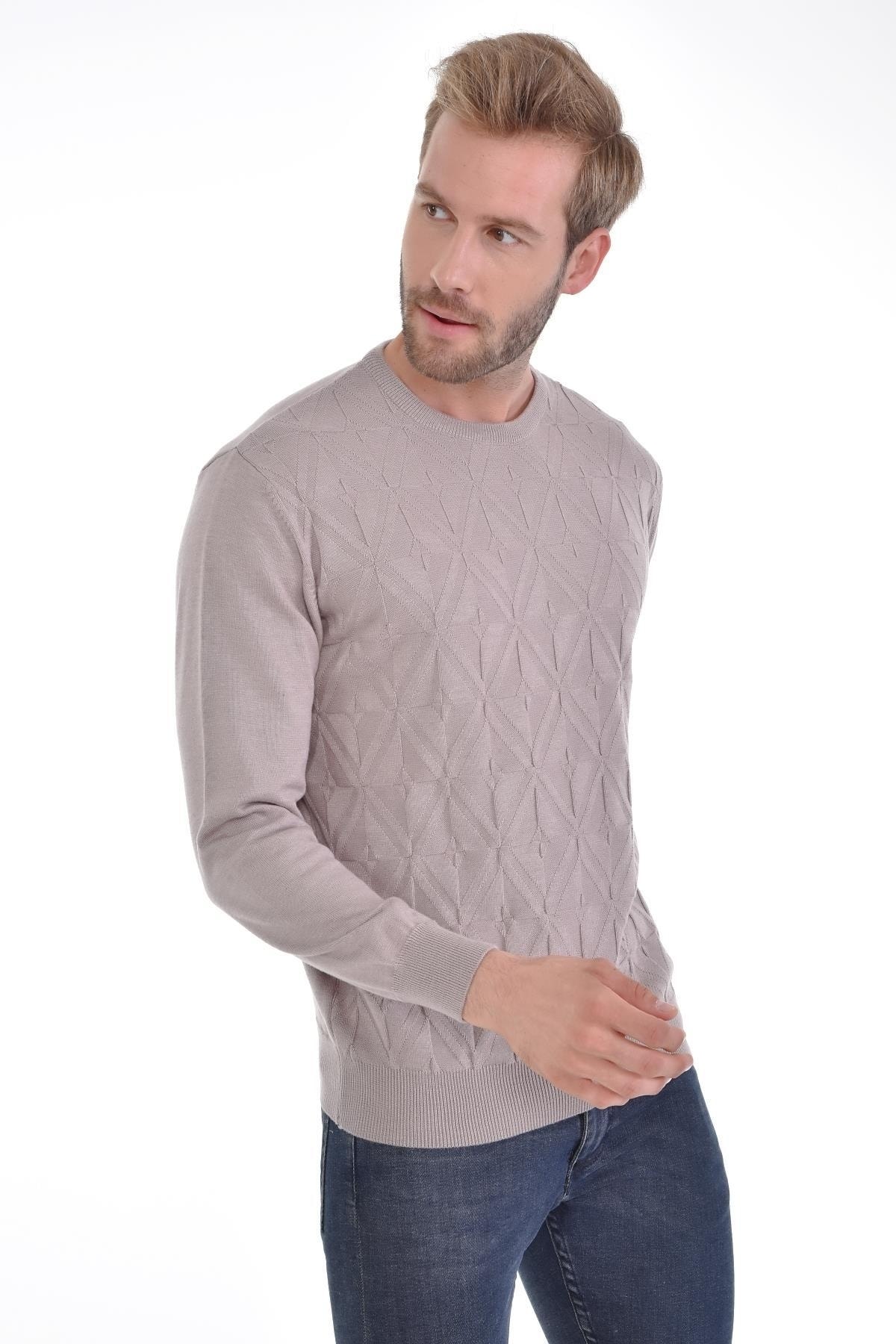 Erkek Sıfır Yaka Pamuklu Triko Bej Kazak Desenli Kol Ve Bel Lastikli Dokuma