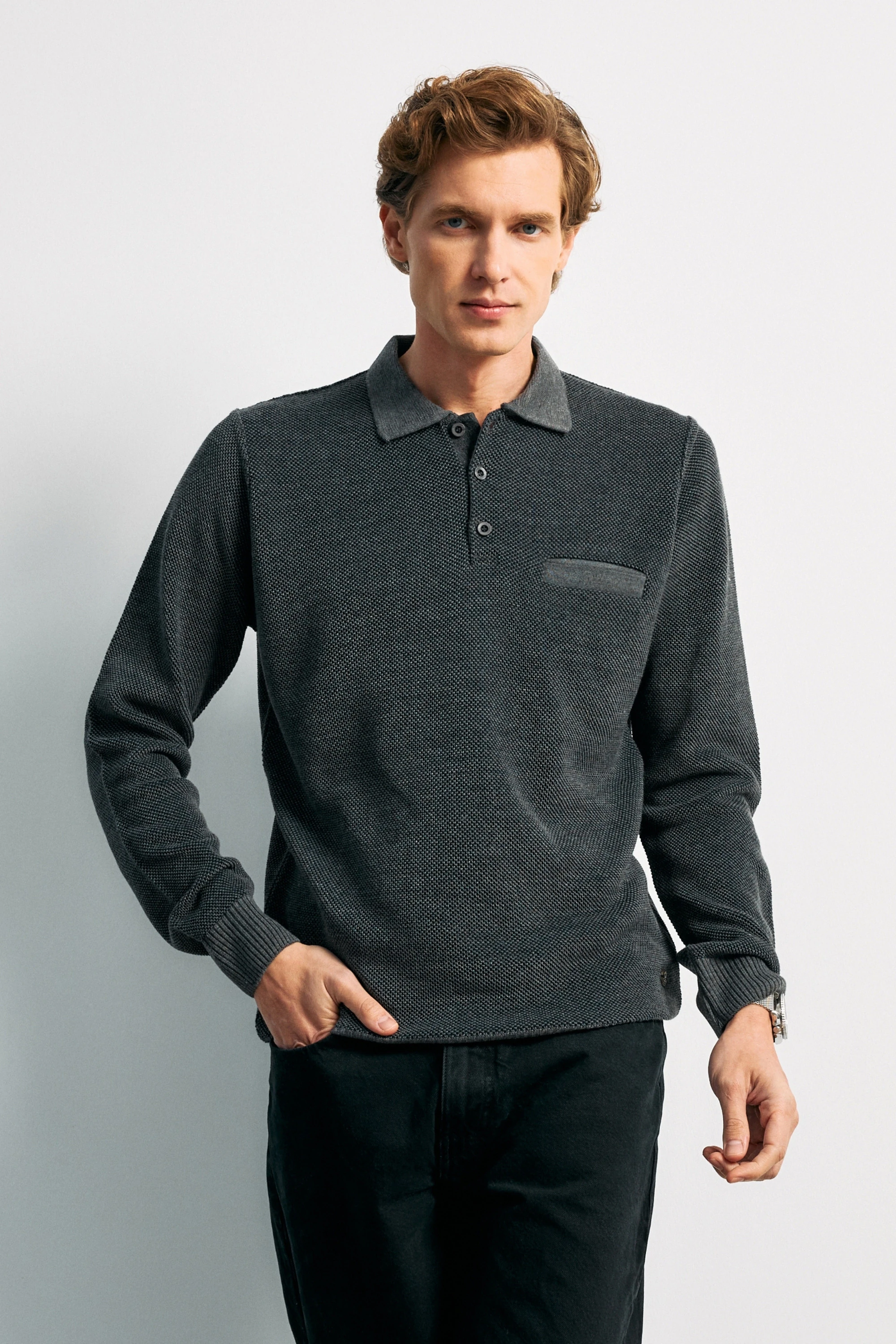 Erkek Polo Yaka Kazak Cepli Pike Desen Çelik Örgü Klasik Kalıp - 5214F - GREY