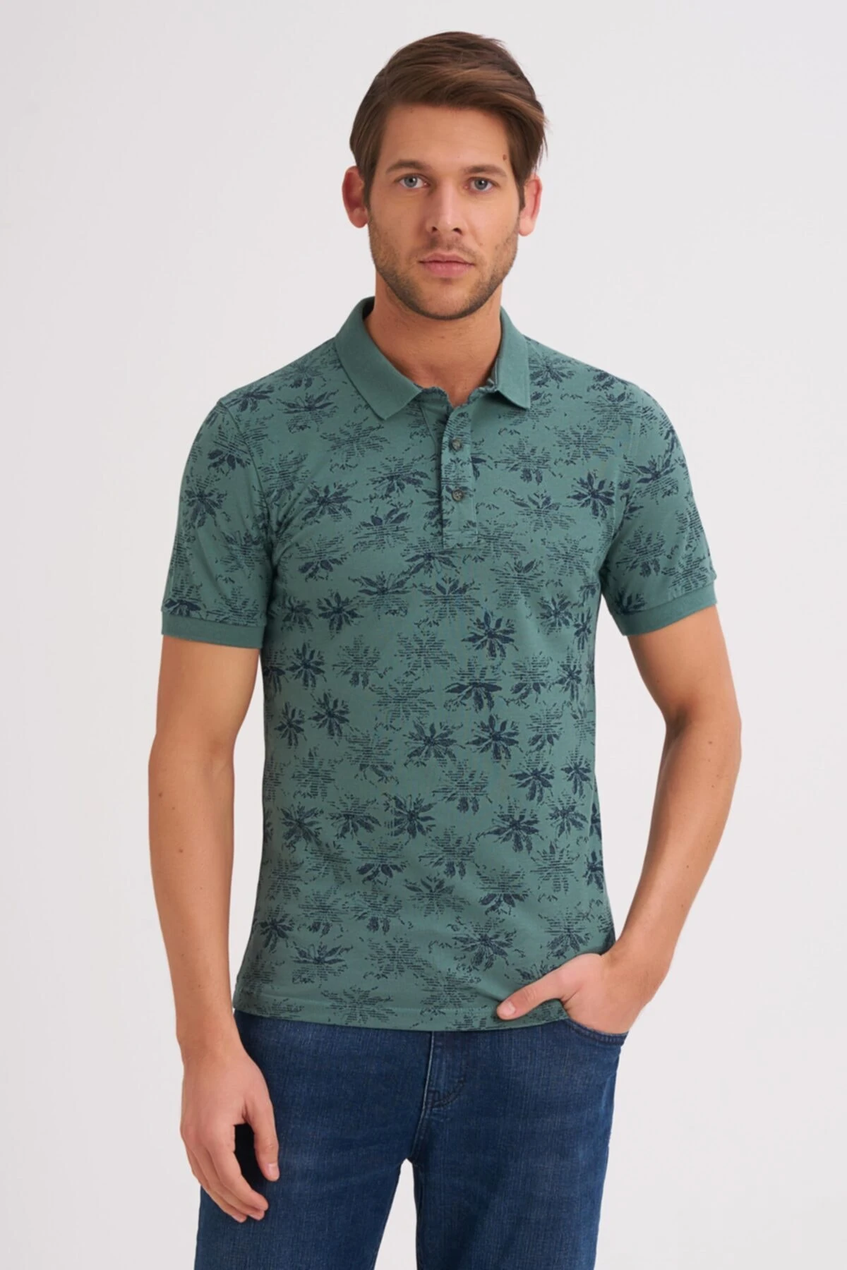 Erkek Tişört Slim Fit Polo Yaka Kolu Lastikli Desenli %100 Pamuk Kumaş