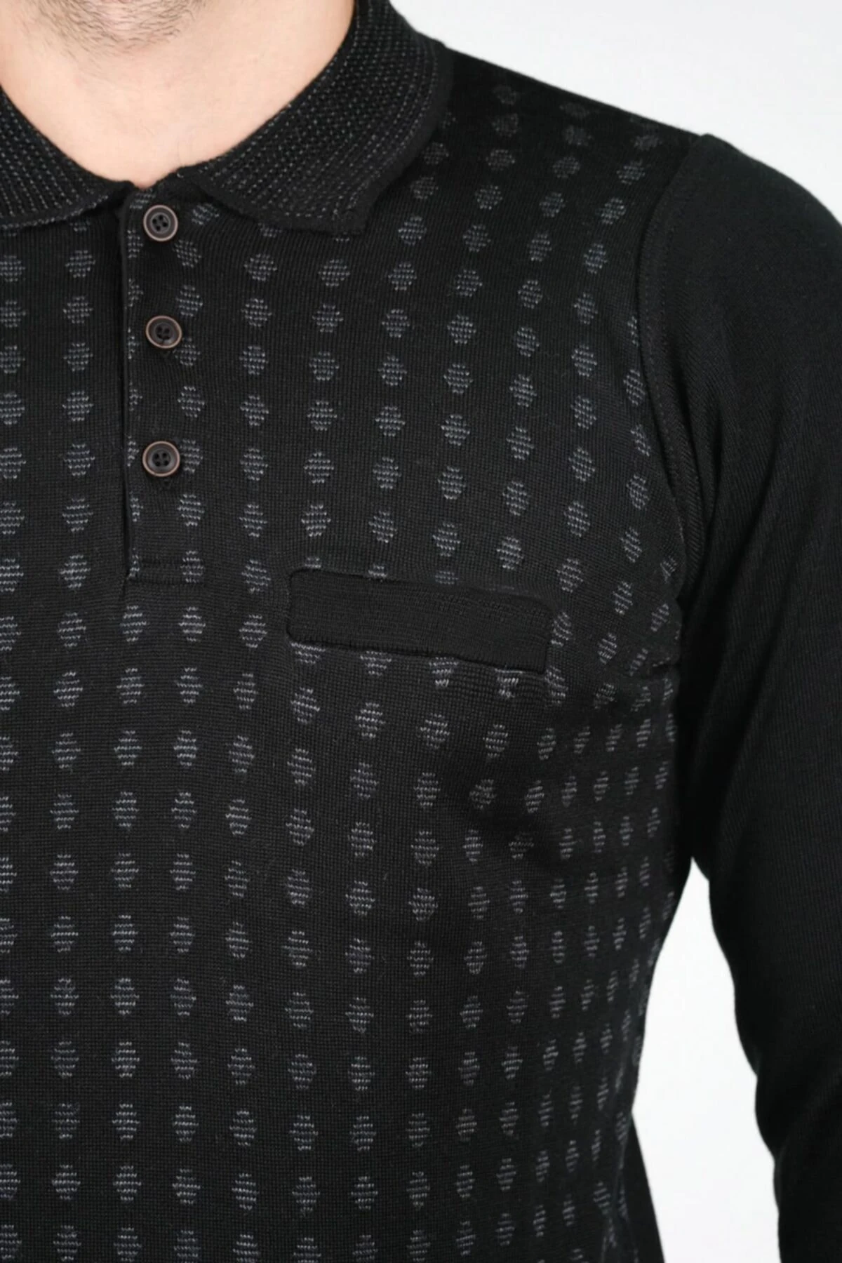 Erkek Polo Yaka Triko Kazak Cep Detaylı Desenli Kol Ve Bel Lastikli Dokuma Çelik Örgü