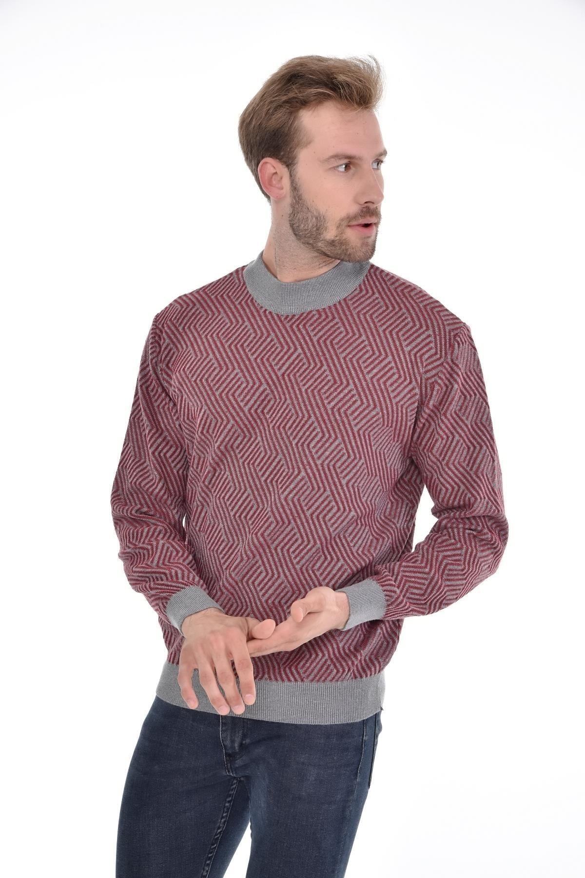 Erkek Yarım Balıkçı Yaka Pamuklu Triko Gri Kazak Desenli Kol Ve Bel Lastikli Dokuma