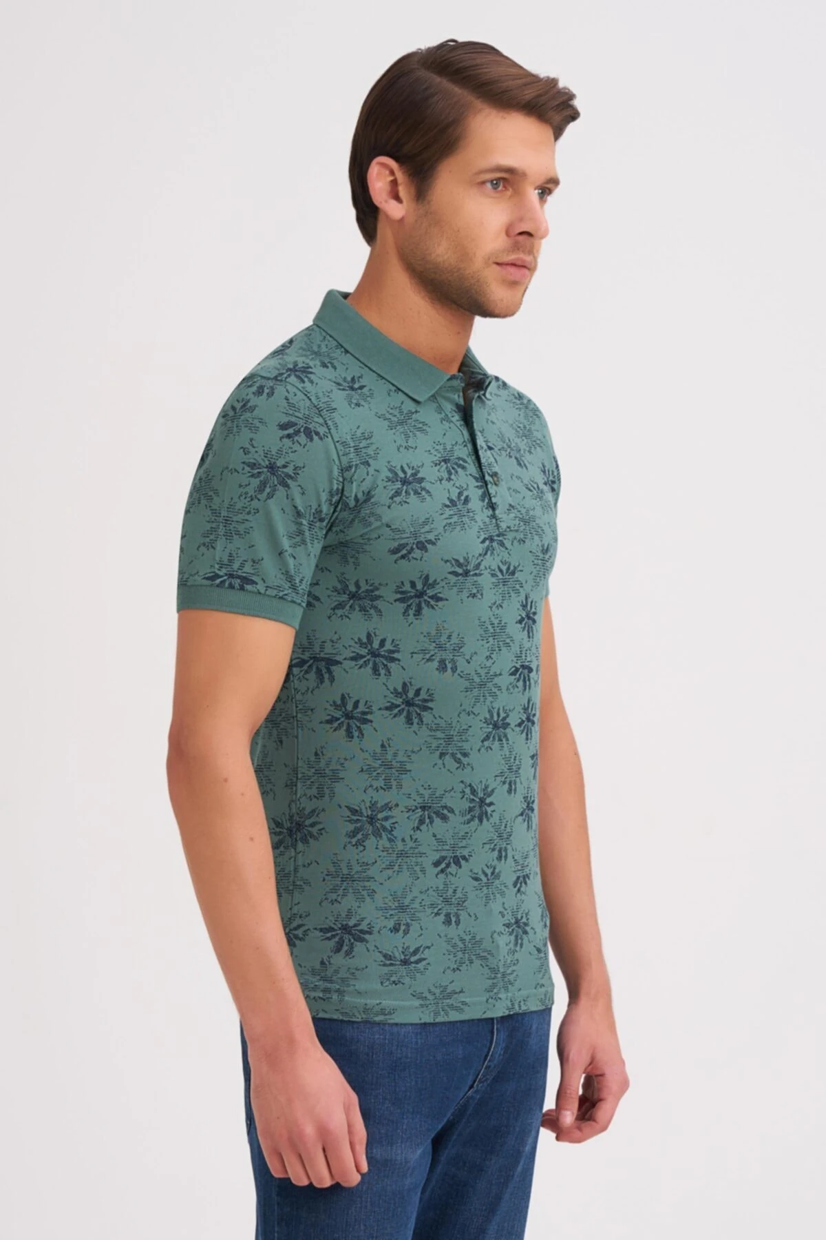 Erkek Tişört Slim Fit Polo Yaka Kolu Lastikli Desenli %100 Pamuk Kumaş