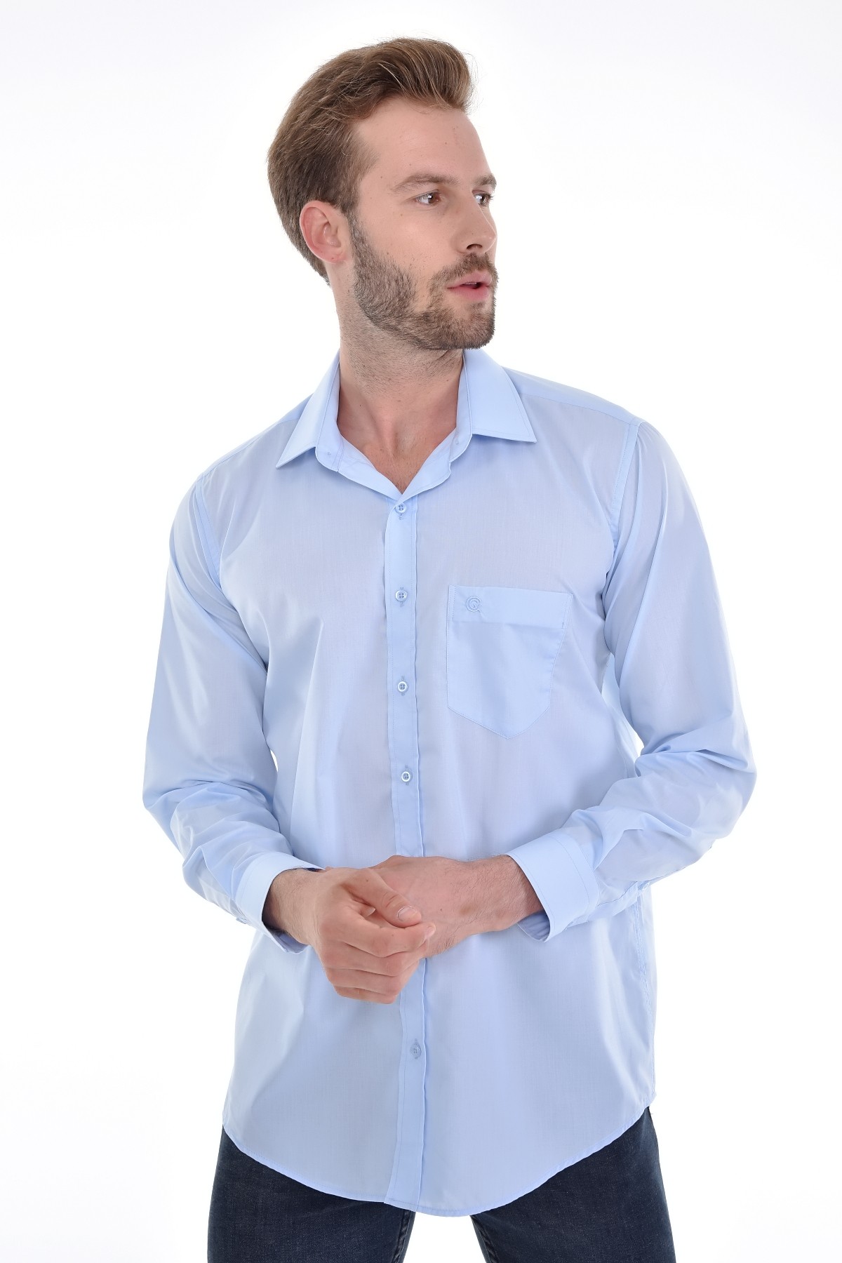 Çizgi Triko Cepli Klasik Kalıp Düz Renk Uzun Kollu Erkek Gömlek - BUZ MAVİSİ