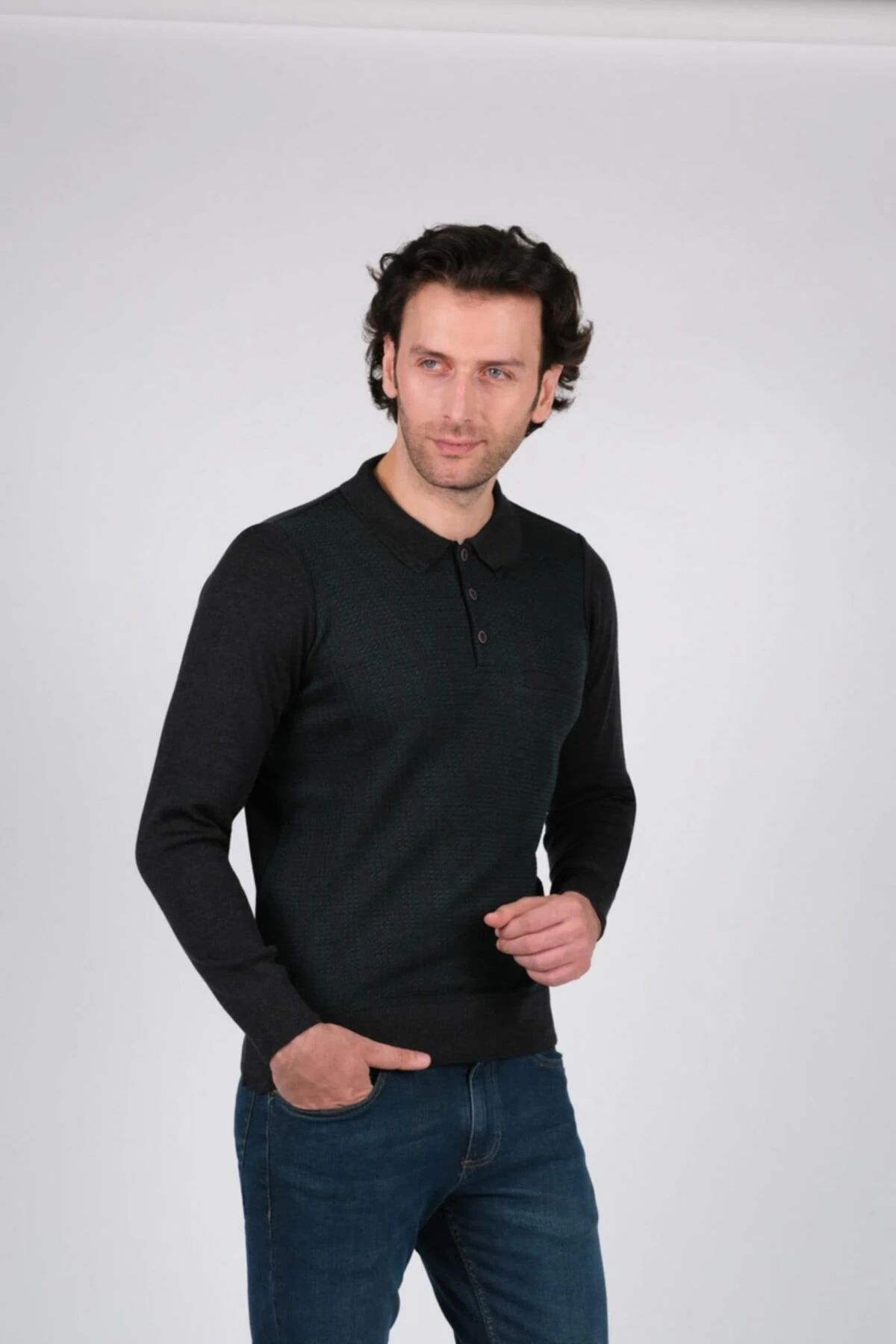 Polo Yaka Erkek Triko Kazak Çelik Örgü