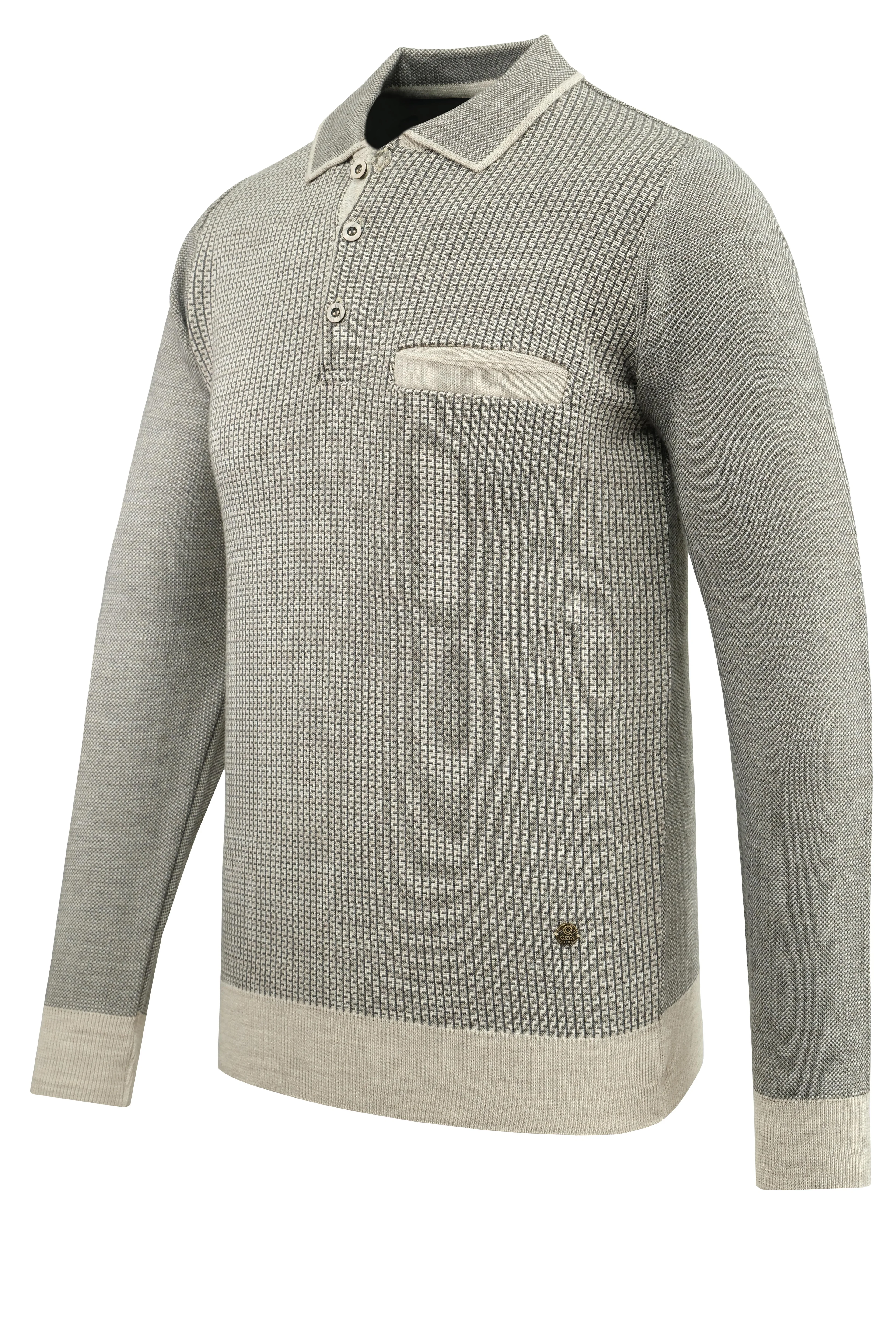 Erkek Büyük Beden Polo Yaka Kazak Cepli Desenli Çelik Örgü Klasik Kalıp - 5208FB - STONE