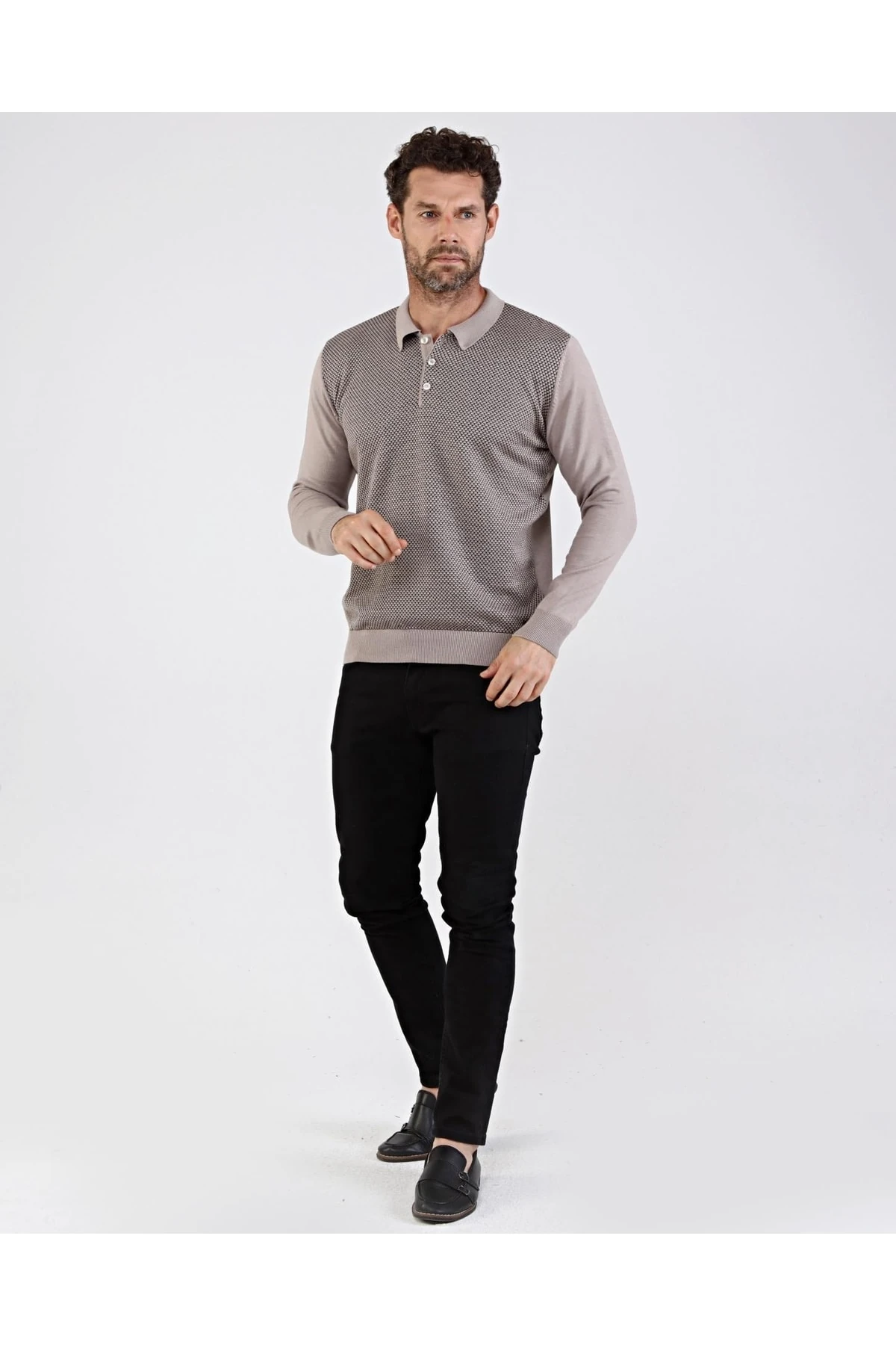Erkek Polo Yaka Pamuklu Triko Bej Kazak Desenli Kol Ve Bel Lastikli Regular Kalıp