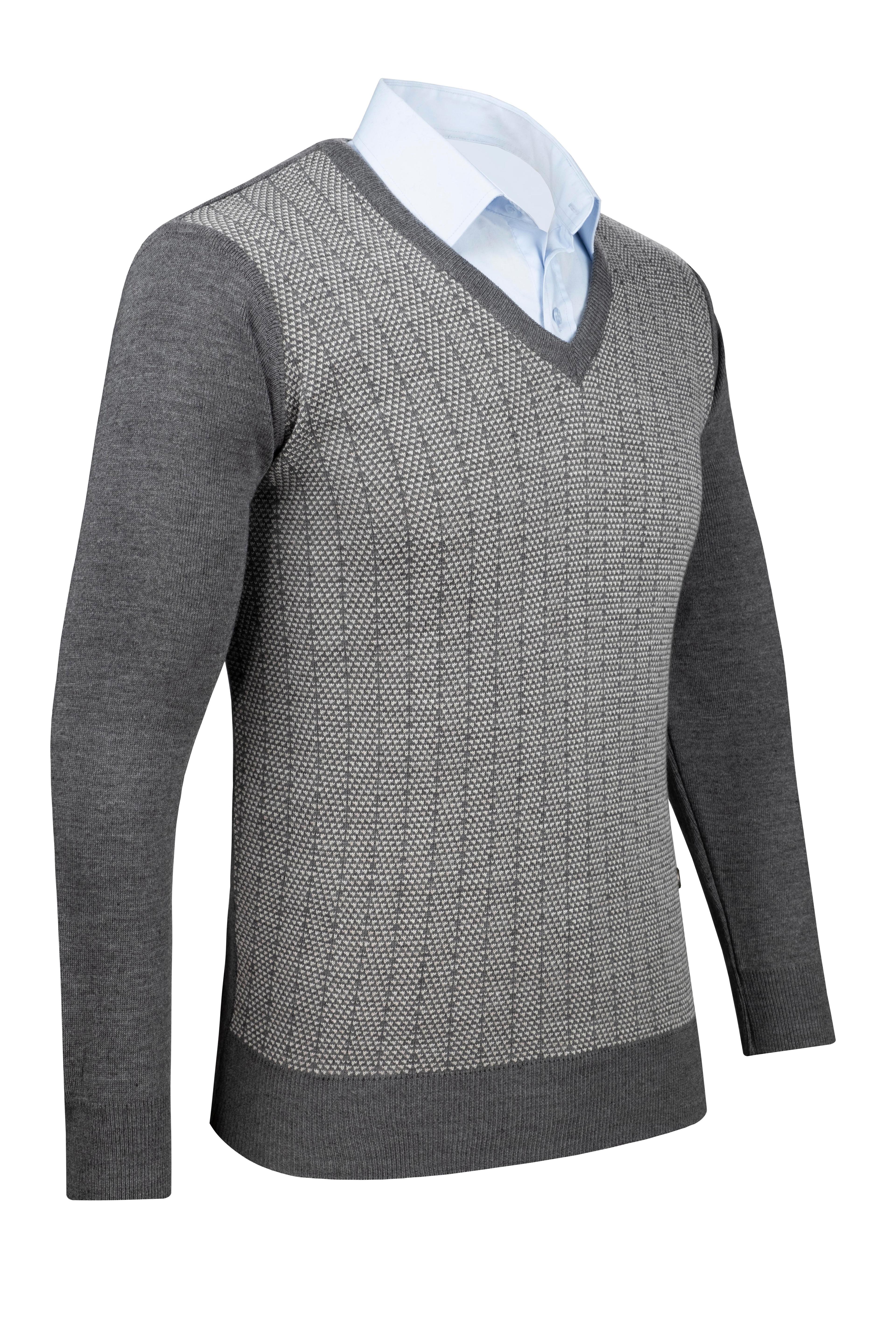 Stripe Knitwear Men's V-Neck Knitwear Sweater Patterned Sleeve and Waist Elastic Steel Knitted Classic Pattern - 5007D - GRİ