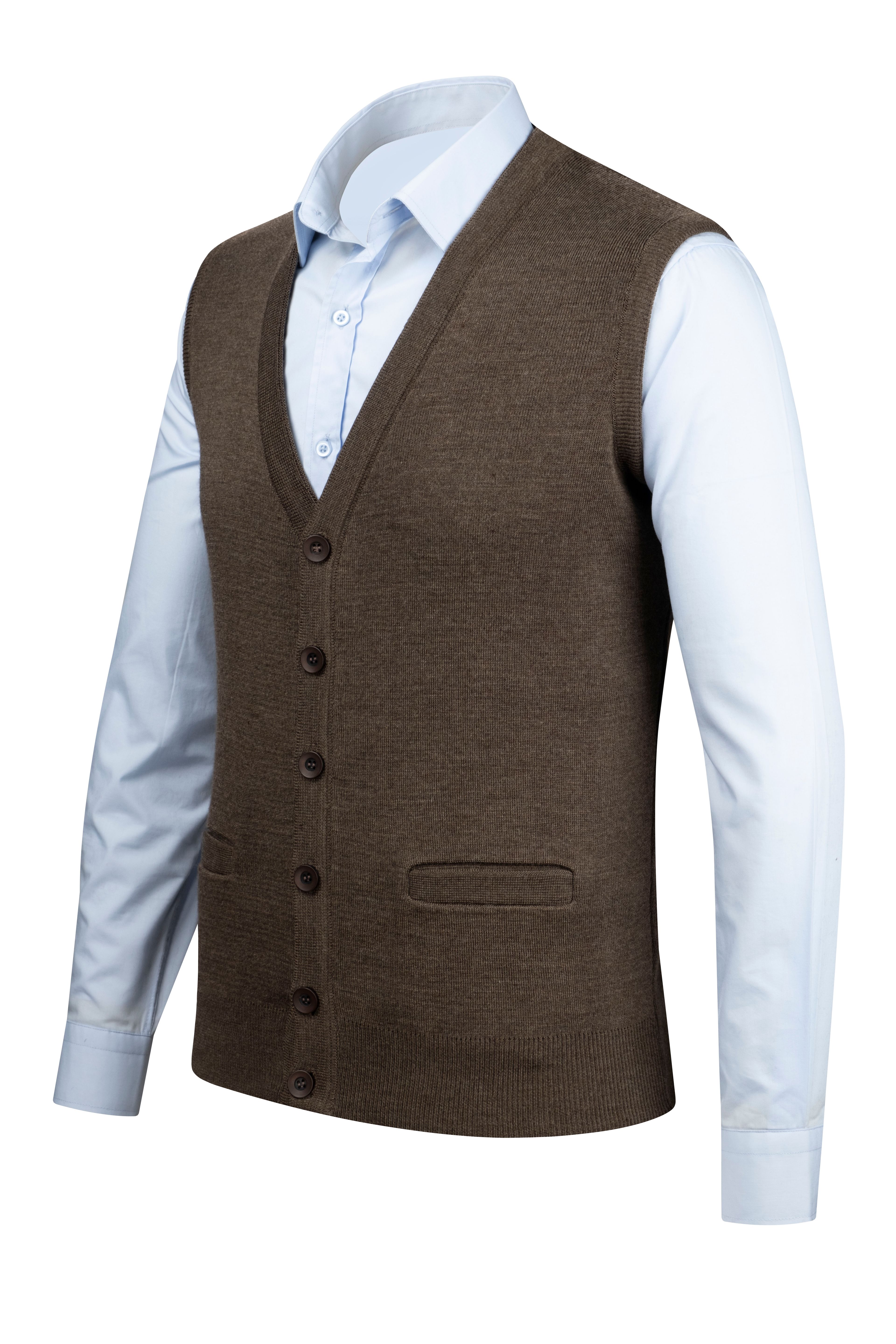 Stripe Knitwear Men's Oversized V-Neck Vest Buttoned Patterned Steel Knitted Classic Pattern -4241LB - KAHVERENGİ