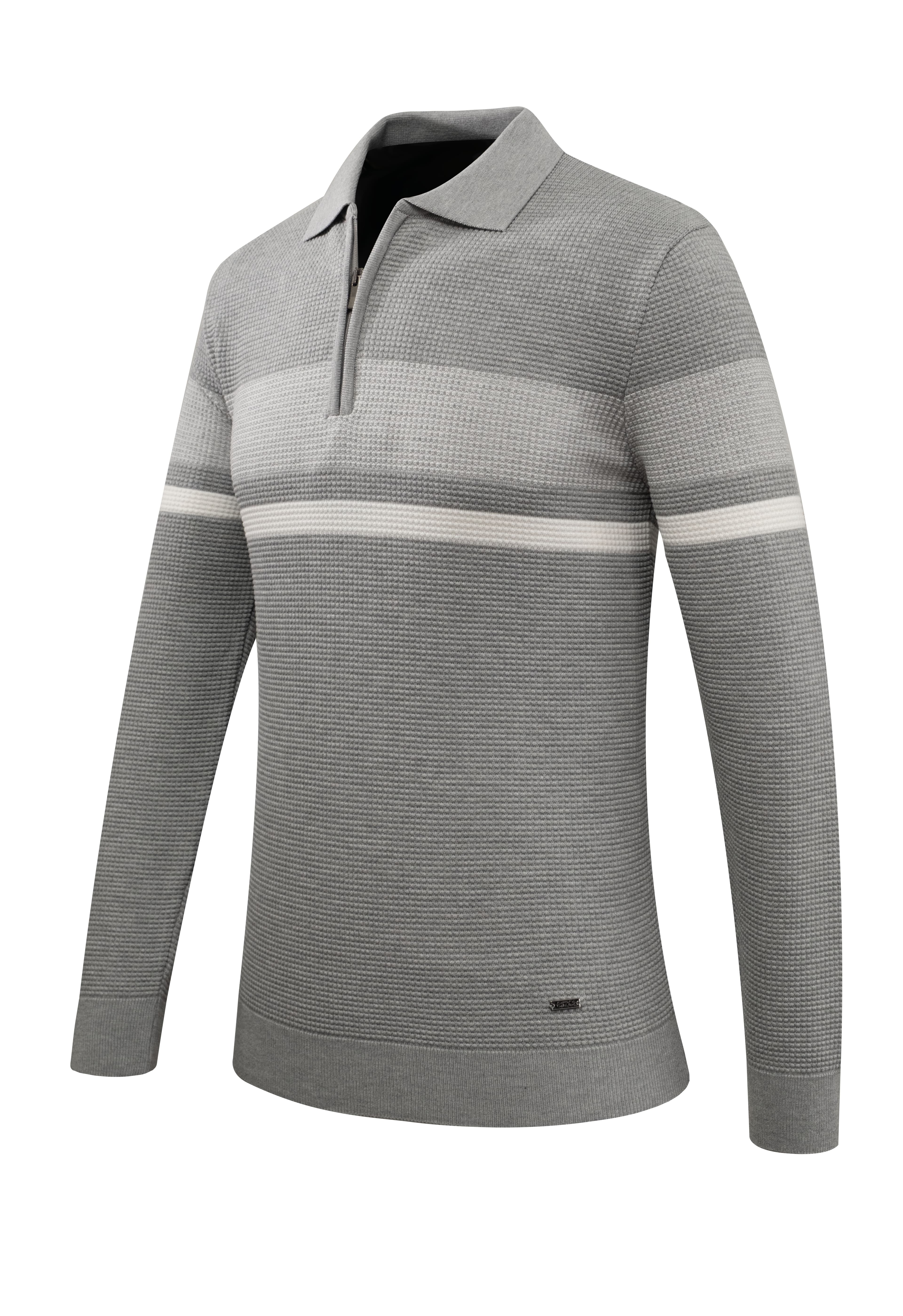 Erkek Fermuarlı Polo Yaka Kazak Triko Kabartmalı Örgü Desenli Klasik Kalıp - 5241F - GREY