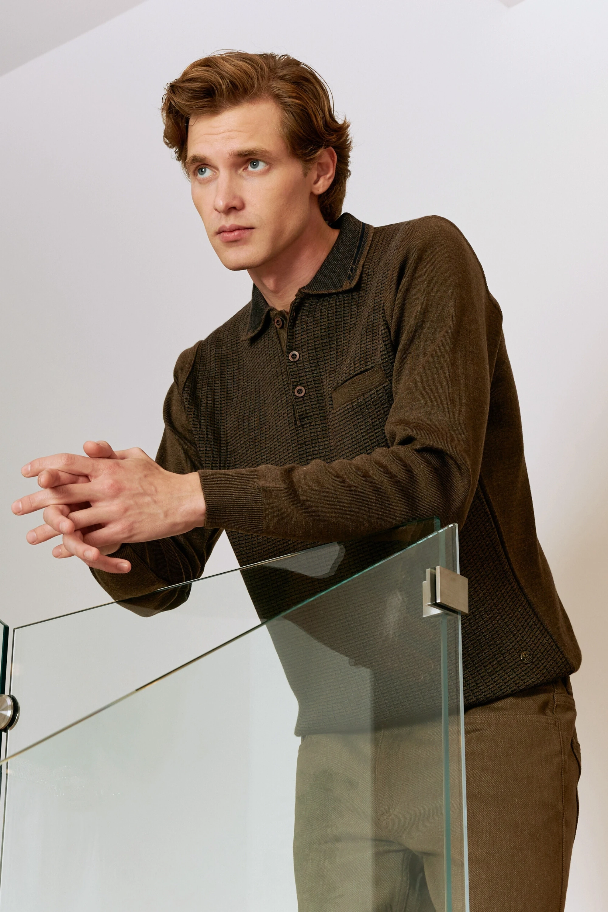 Erkek Polo Yaka Kazak Cepli Desenli Çelik Örgü Klasik Kalıp - 5205F